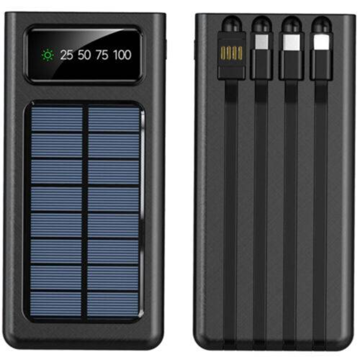 Eine schwarze Powerbank mit Solarpanel und mehreren Ladekabeln. Weißer Hintergrund.