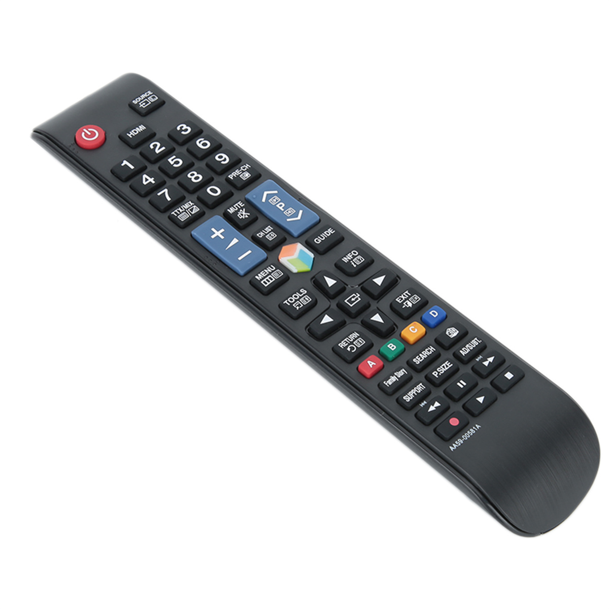 Schwarze TV-Fernbedienung mit vielen Tasten. Enthält Ein/Aus, Zahlen, Lautstärke, Kanal und Menü.
