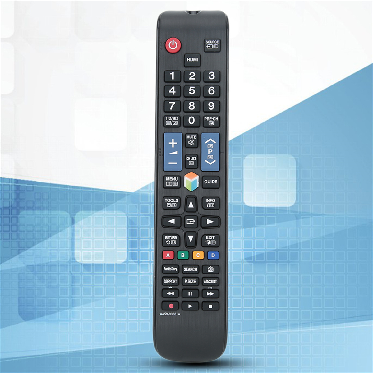 Schwarze TV-Fernbedienung mit Tasten für verschiedene Funktionen. Blauer Verlauf.