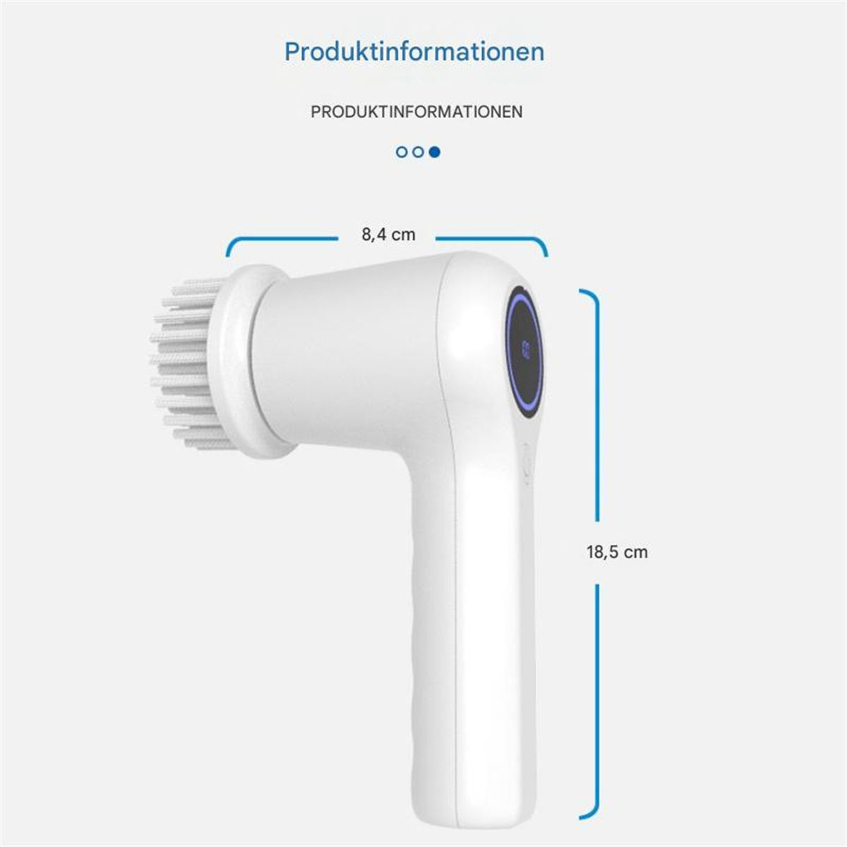 Weiße elektrische Gesichtsbürste mit Messungen. Text: Produktinformationen. Hintergrund: Weiß.