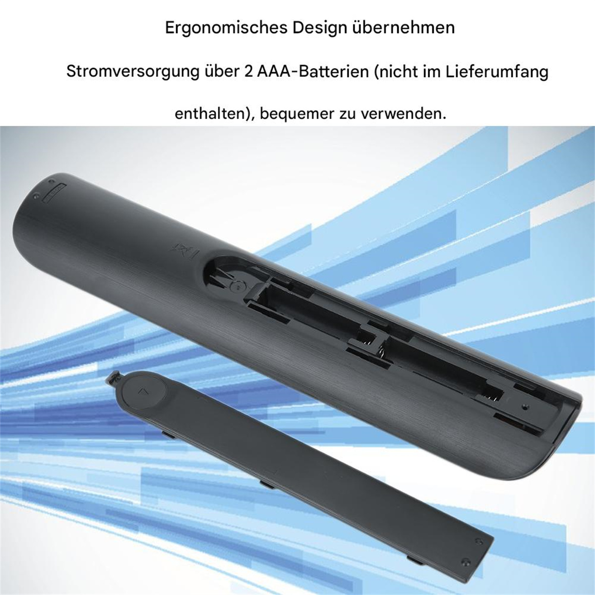 Eine schwarze Fernbedienung, mit geöffnetem Batteriefach und abgenommener Abdeckung. Text: Ergonomisches Design übernehmen.