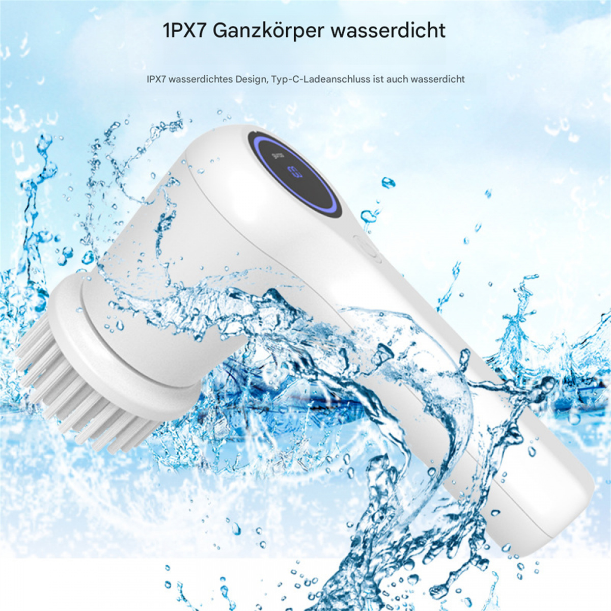 Weißer elektrischer Gesichtsreiniger mit Wasserspritzern auf blauem Hintergrund. Text: 1PX7 Ganzkörper wasserdicht.