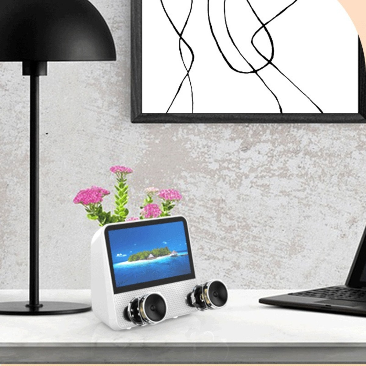 Ein weißer Lautsprecher mit Bildschirm und Blumen, mit Lampe und Kunst.
