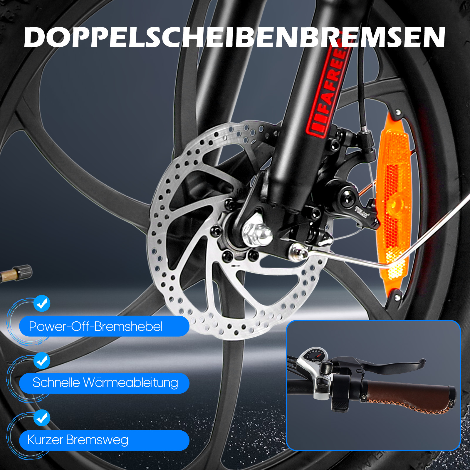 Nahaufnahme einer Fahrradbremse und Lenker mit deutschen Beschriftungen.