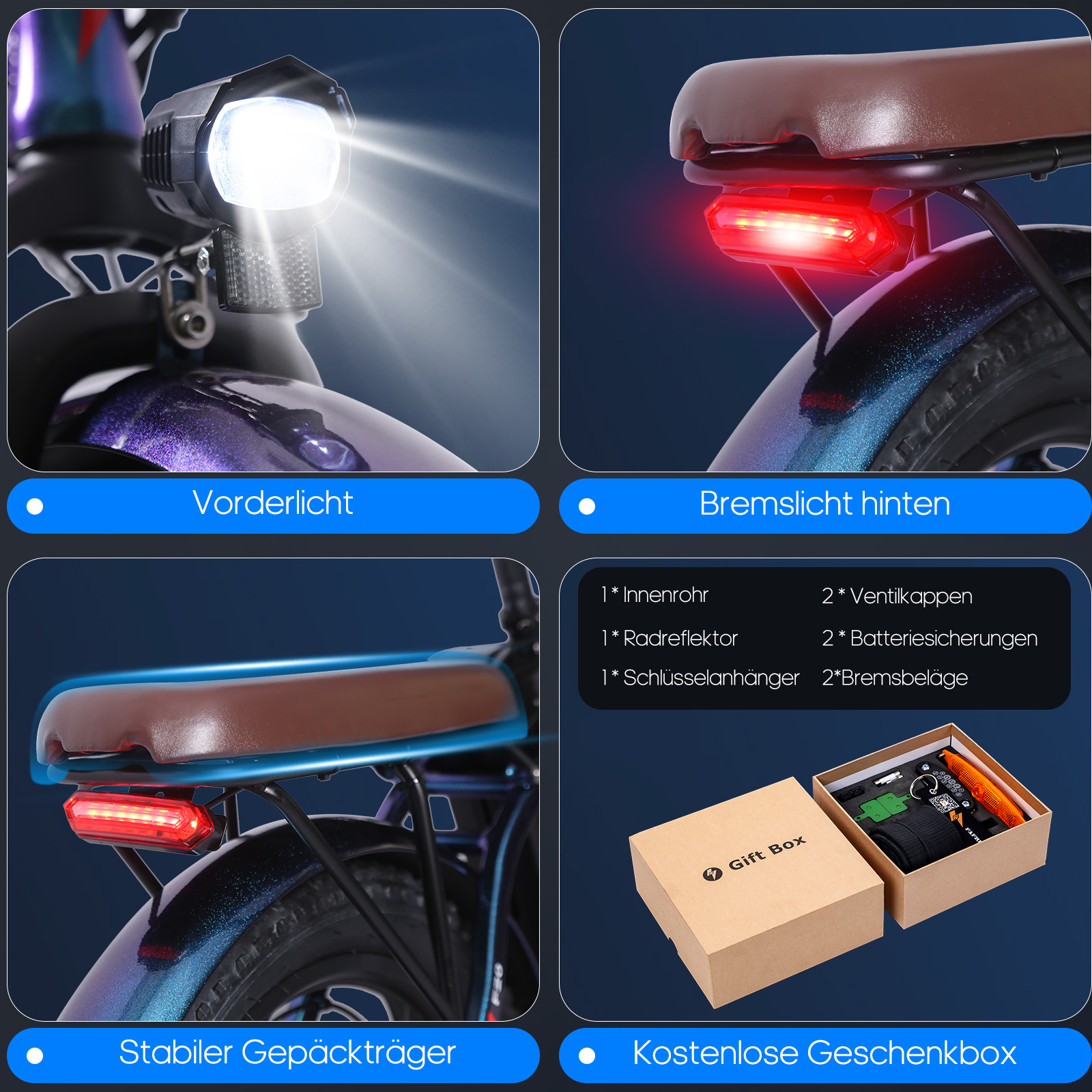 Details eines Elektrofahrrads, einschließlich Scheinwerfer, Rücklichter und eine Geschenkbox mit Zubehör.