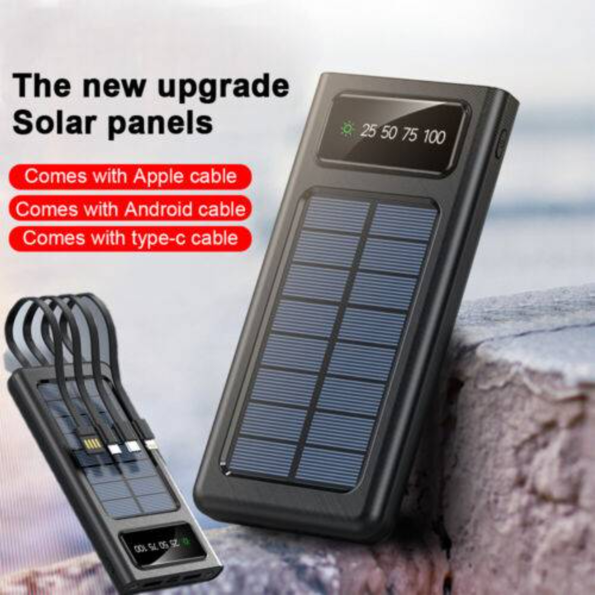 Schwarzes Solarpanelgerät mit Kabeln und Text, mit einem zweiten Panel befestigt.