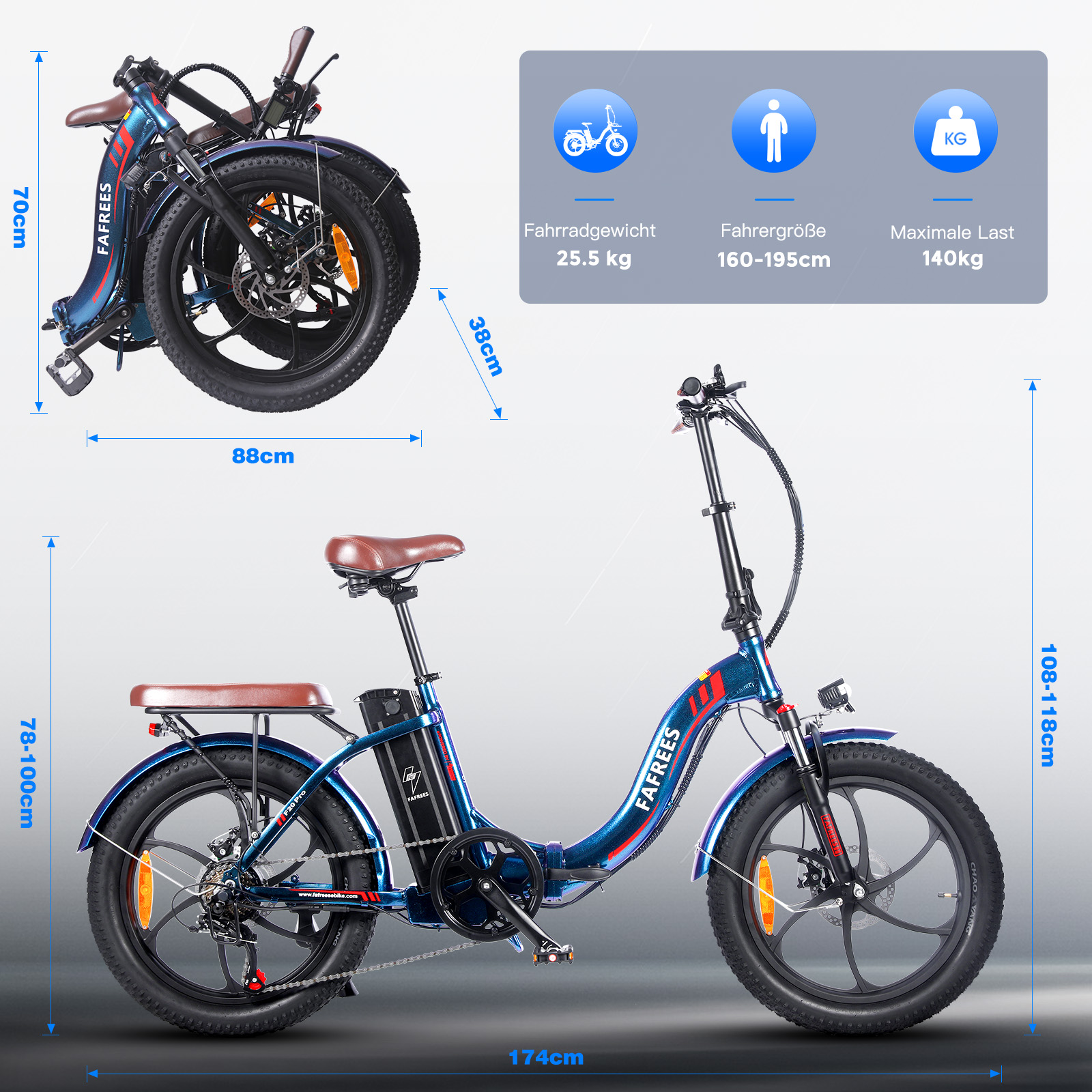 Blaues Klappfahrrad mit beschrifteten Abmessungen und Gewicht. Brauner Sitz, schwarze Reifen.
