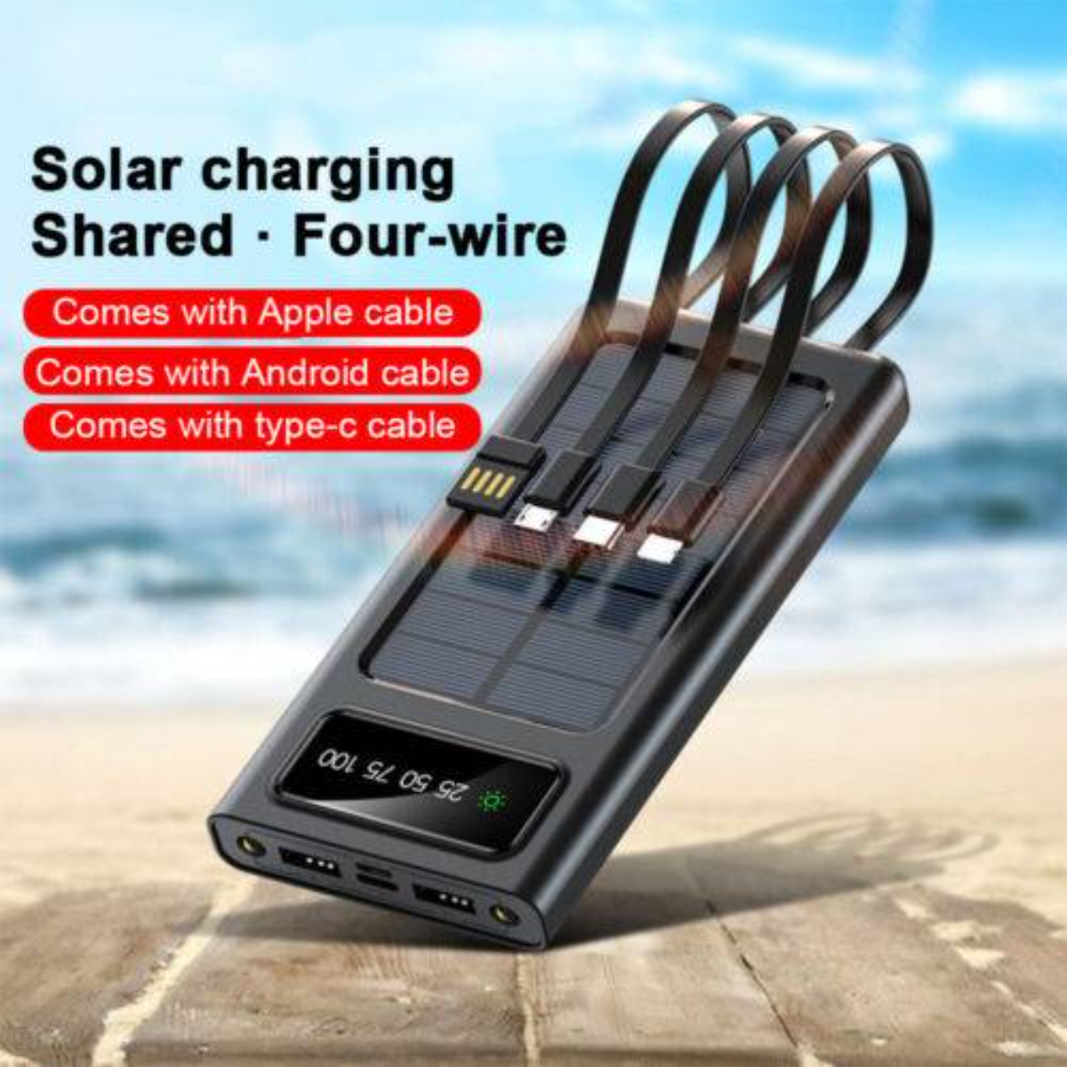 Schwarzes Solarladegerät mit Kabeln, Text zeigt Apple, Android und Typ-C-Kompatibilität an.