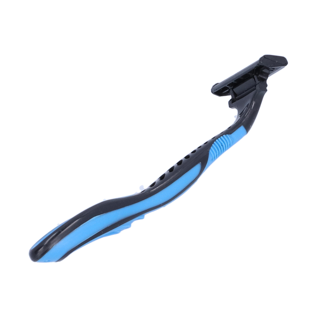 Ein blau-schwarzer Rasierer auf weißem Hintergrund. Der Rasierer hat einen gebogenen Griff mit blauem Griff.