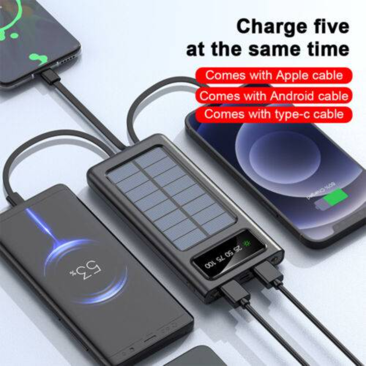 Solar-Ladegerät, das drei Telefone gleichzeitig auflädt. Kabel sind angeschlossen, und der Text lautet 'Fünf gleichzeitig aufladen'.