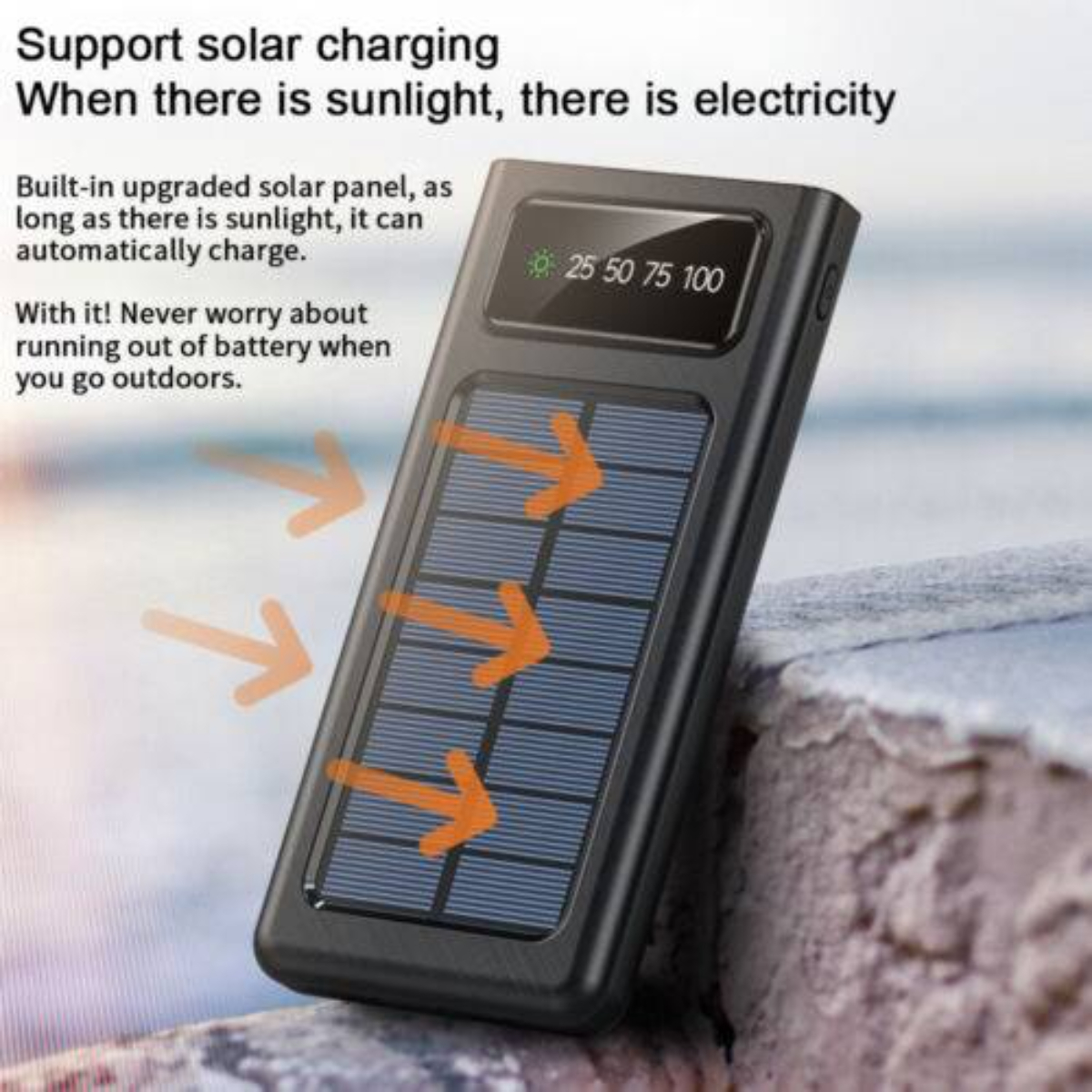 Ein schwarzes, solarbetriebenes Gerät mit einem Bildschirm, der den Akkustand anzeigt.