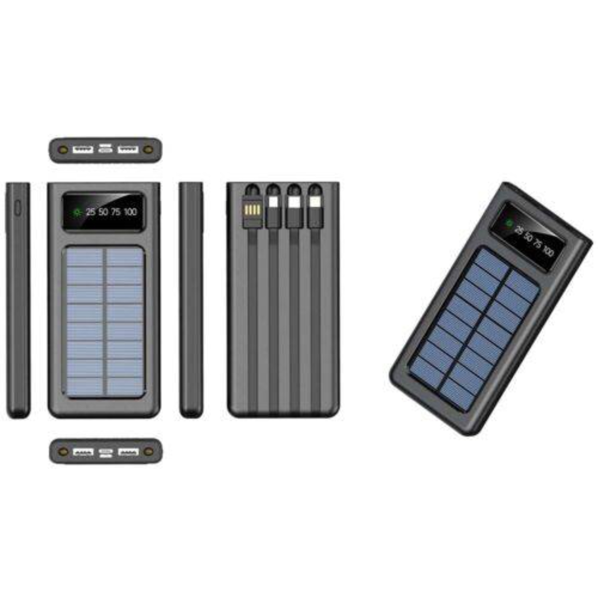 Solar-Ladegerät mit mehreren Seitenansichten und einer Draufsicht. Es hat ein Display, das die Akkulaufzeit anzeigt.