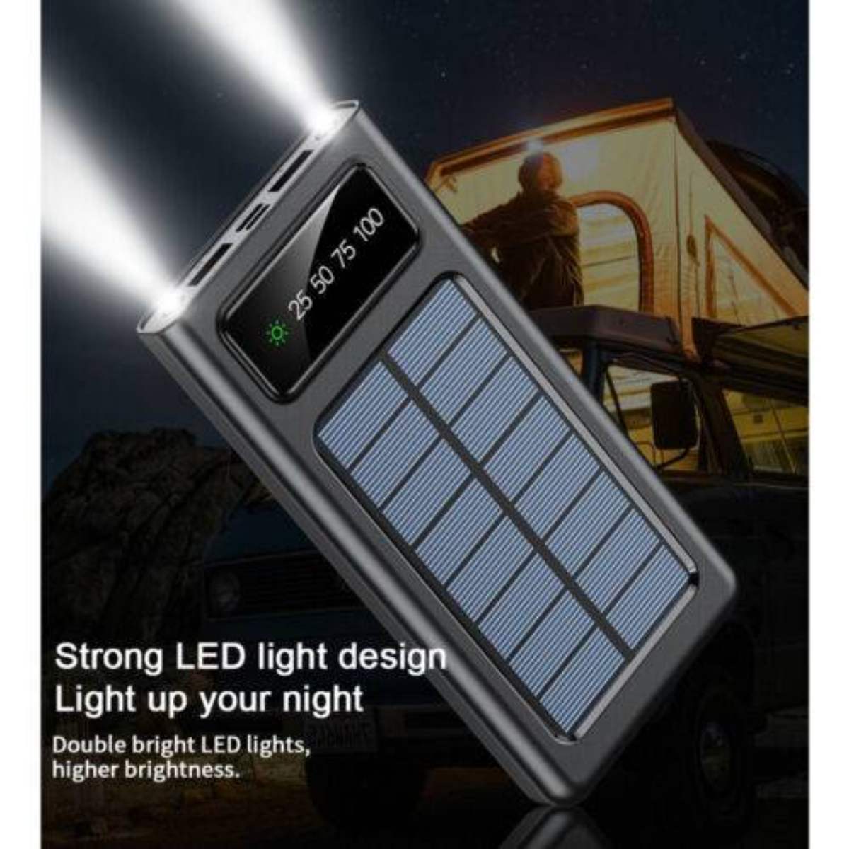 Schwarze Solar-Powerbank mit Lichtern. Mann und Zelt im Hintergrund. Dunkler Hintergrund.