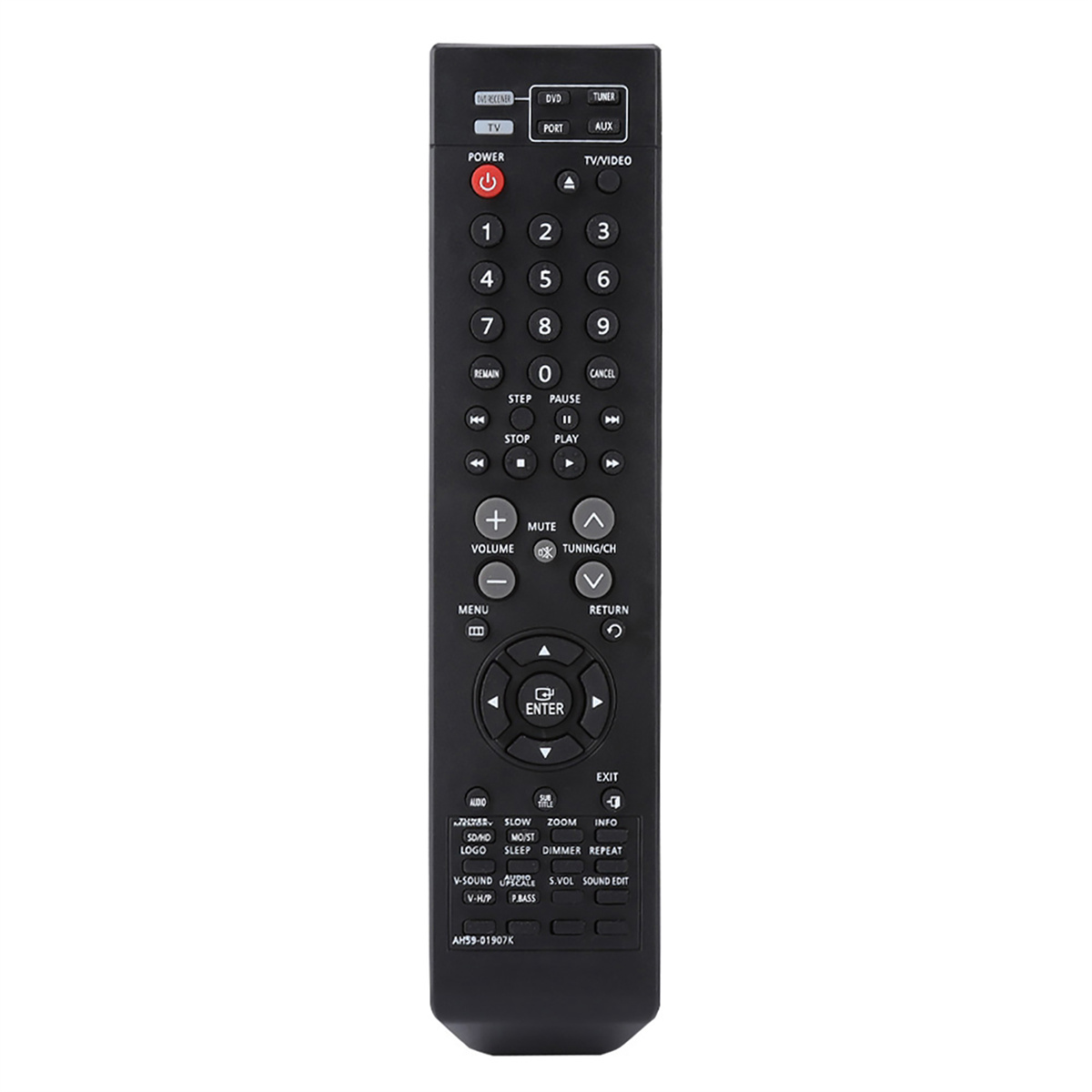 Schwarze TV-Fernbedienung mit vielen Knöpfen auf weißem Hintergrund.