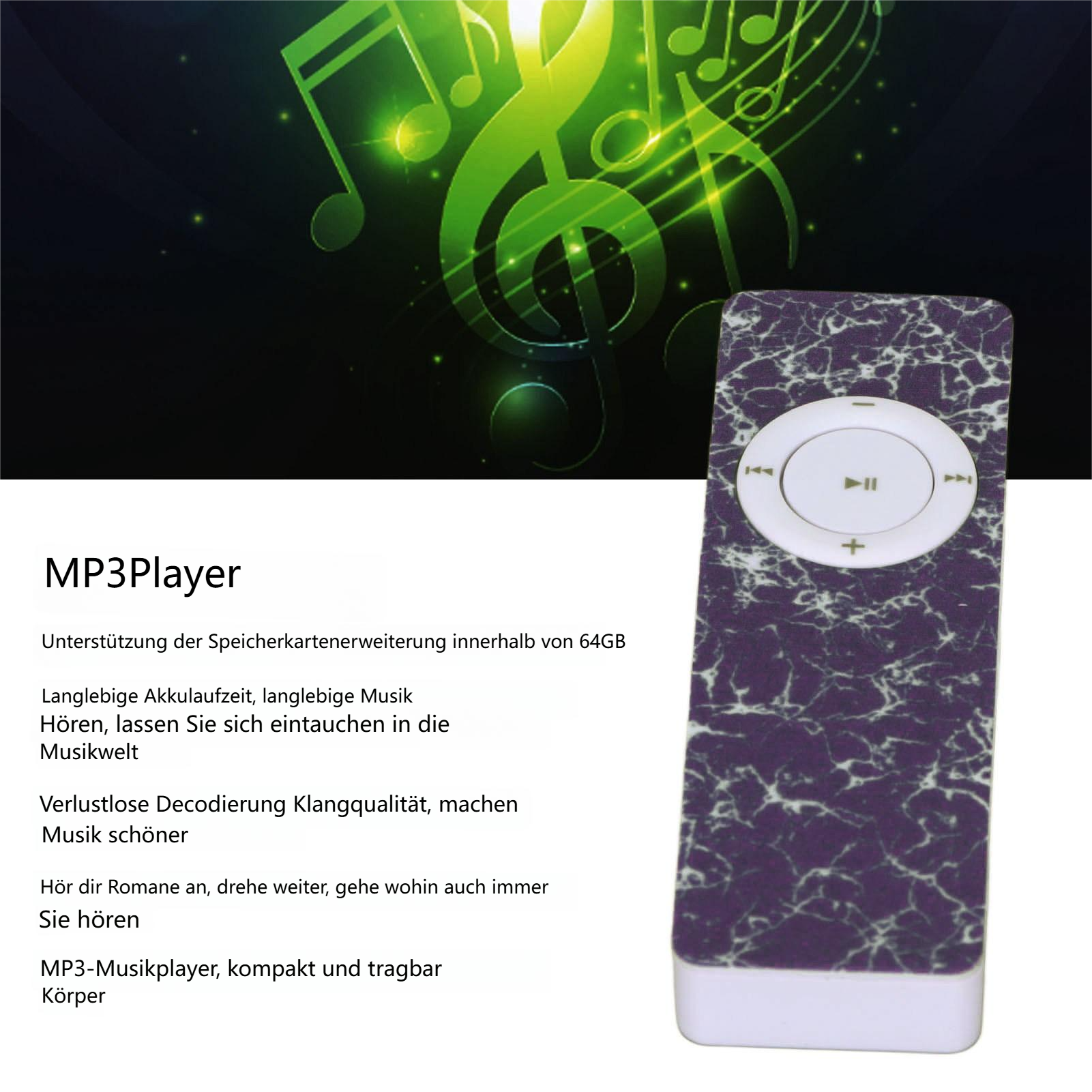 MP3-Player mit deutschem Text, grünem Notenhintergrund und weiß-violettem Gerät.