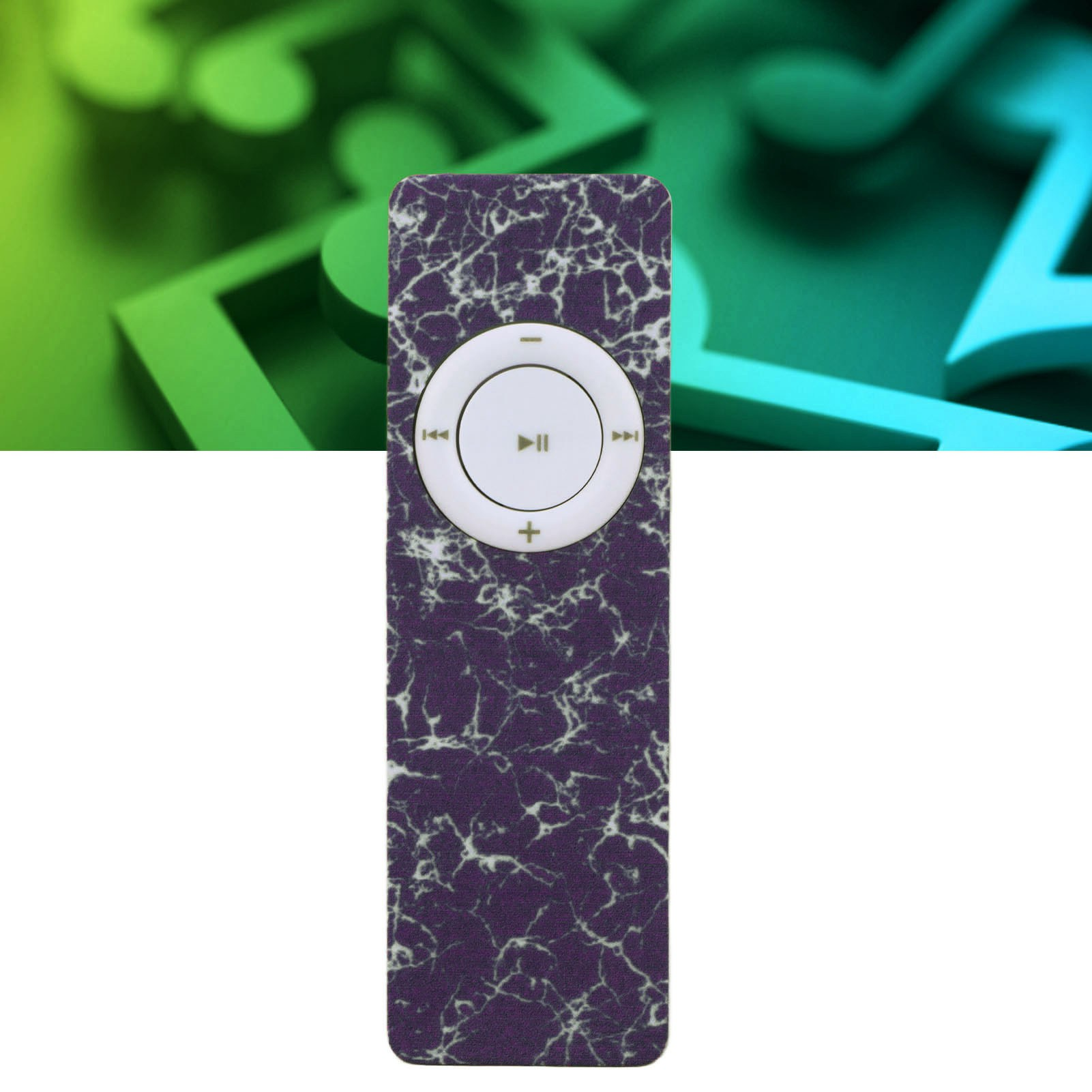 Lila marmoriertes MP3-Player mit Steuertasten, vor grünen Formen.