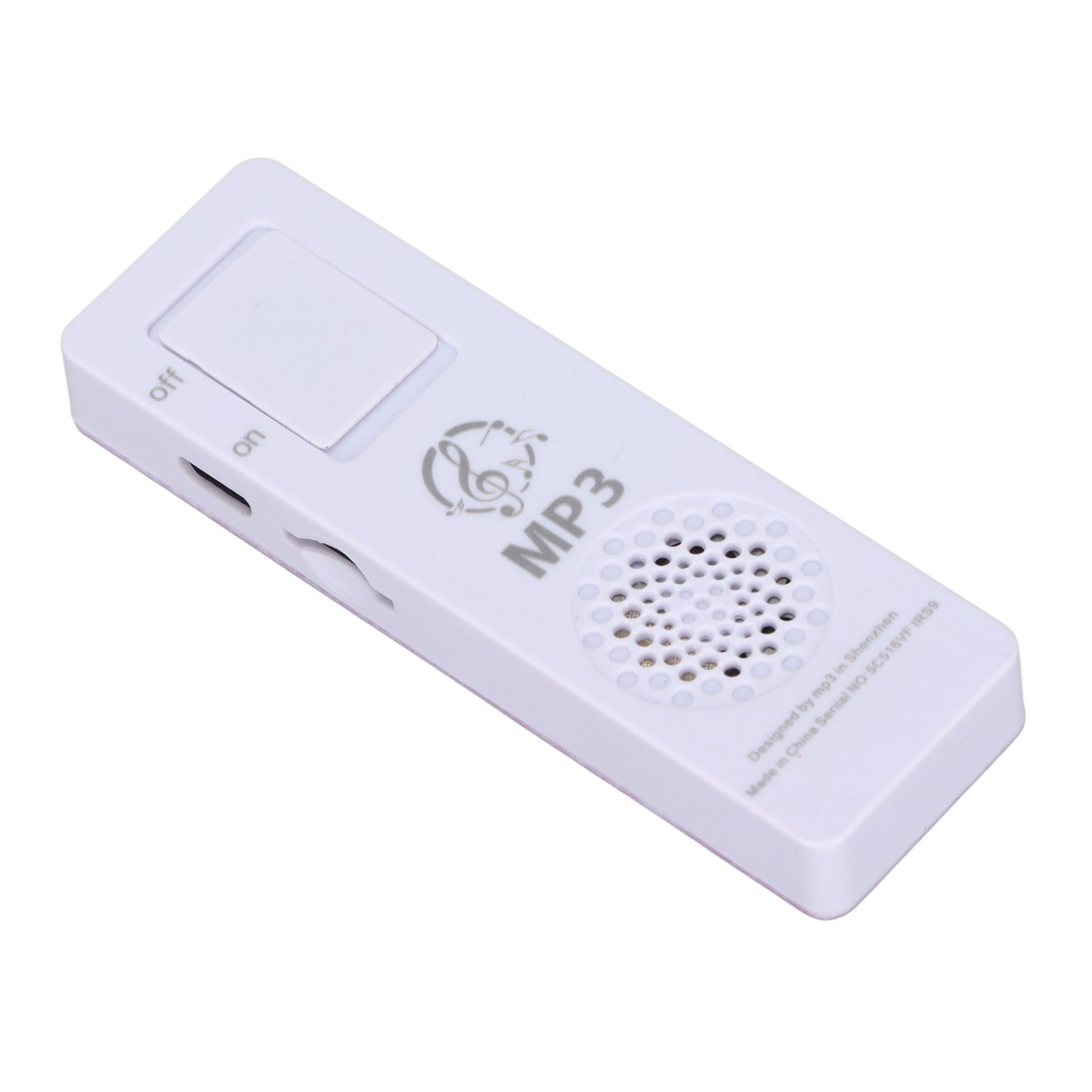 Weißer MP3-Player mit Knöpfen und Bildschirm. Der Text darauf lautet 'MP3'.
