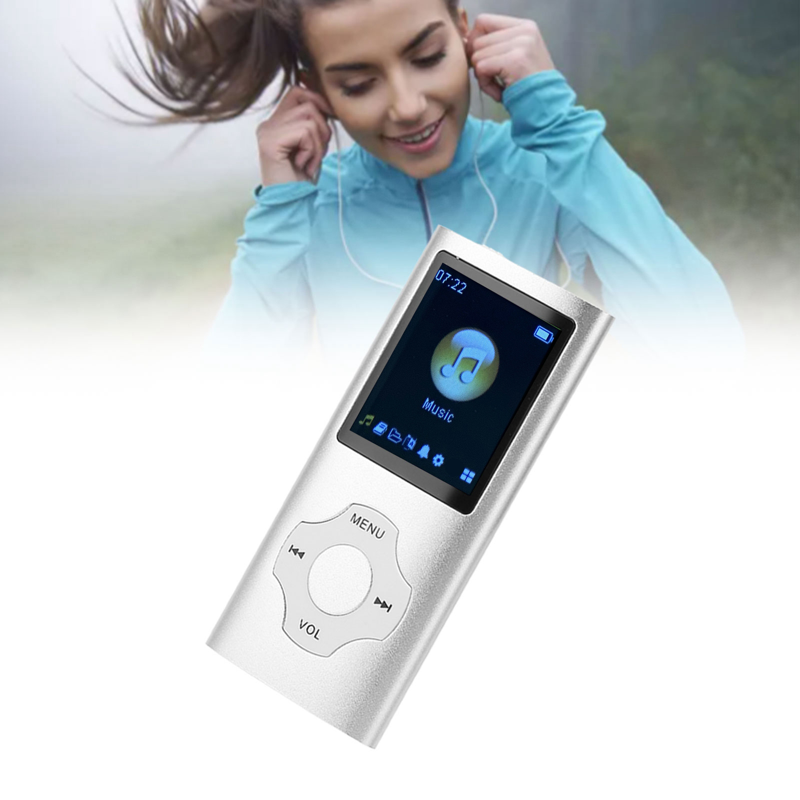 Frau benutzt einen silbernen MP3-Player. Der Bildschirm zeigt ein Musiksymbol.