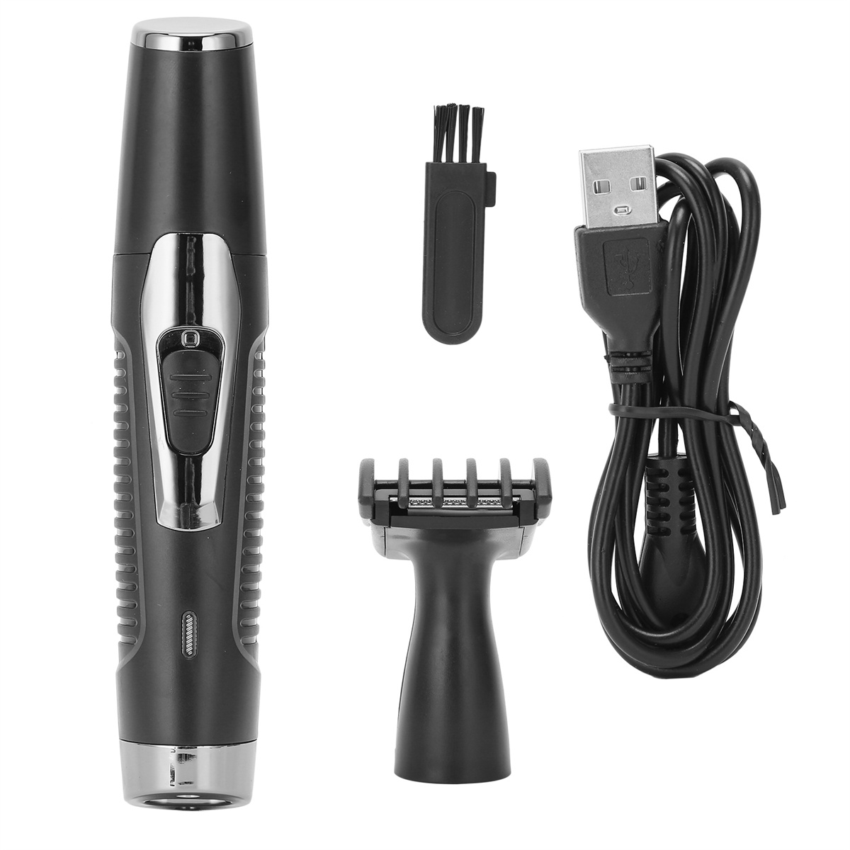 Verschiedene Pflegeutensilien, darunter ein Rasierer, Trimmerköpfe, eine Reinigungsbürste und ein USB-Kabel.