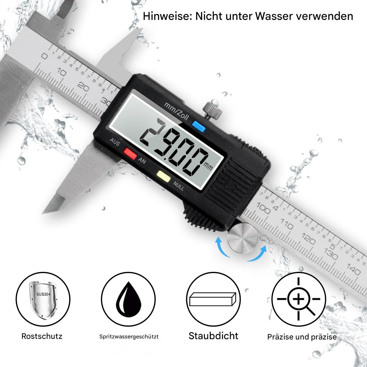 Digitaler Messschieber mit 29,00 mm auf weißem Hintergrund. Symbole zeigen Rostschutz und Wasserschutz.