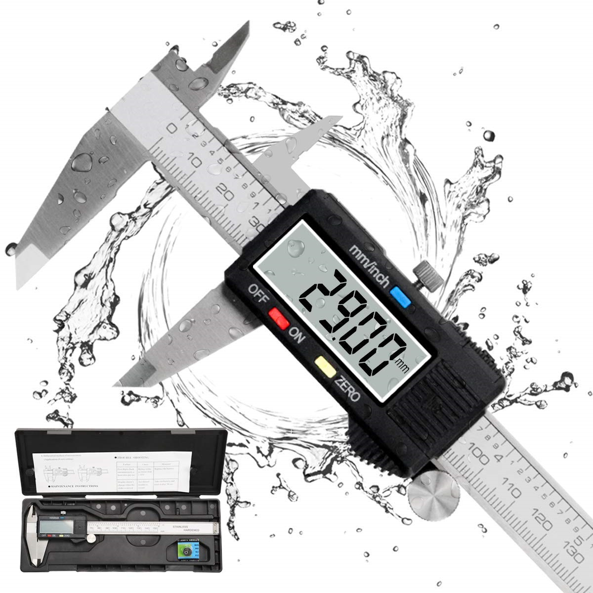 Digitaler Messschieber mit schwarzem Bildschirm. Wasserspritzer im Hintergrund. Schwarzer Koffer links unten.