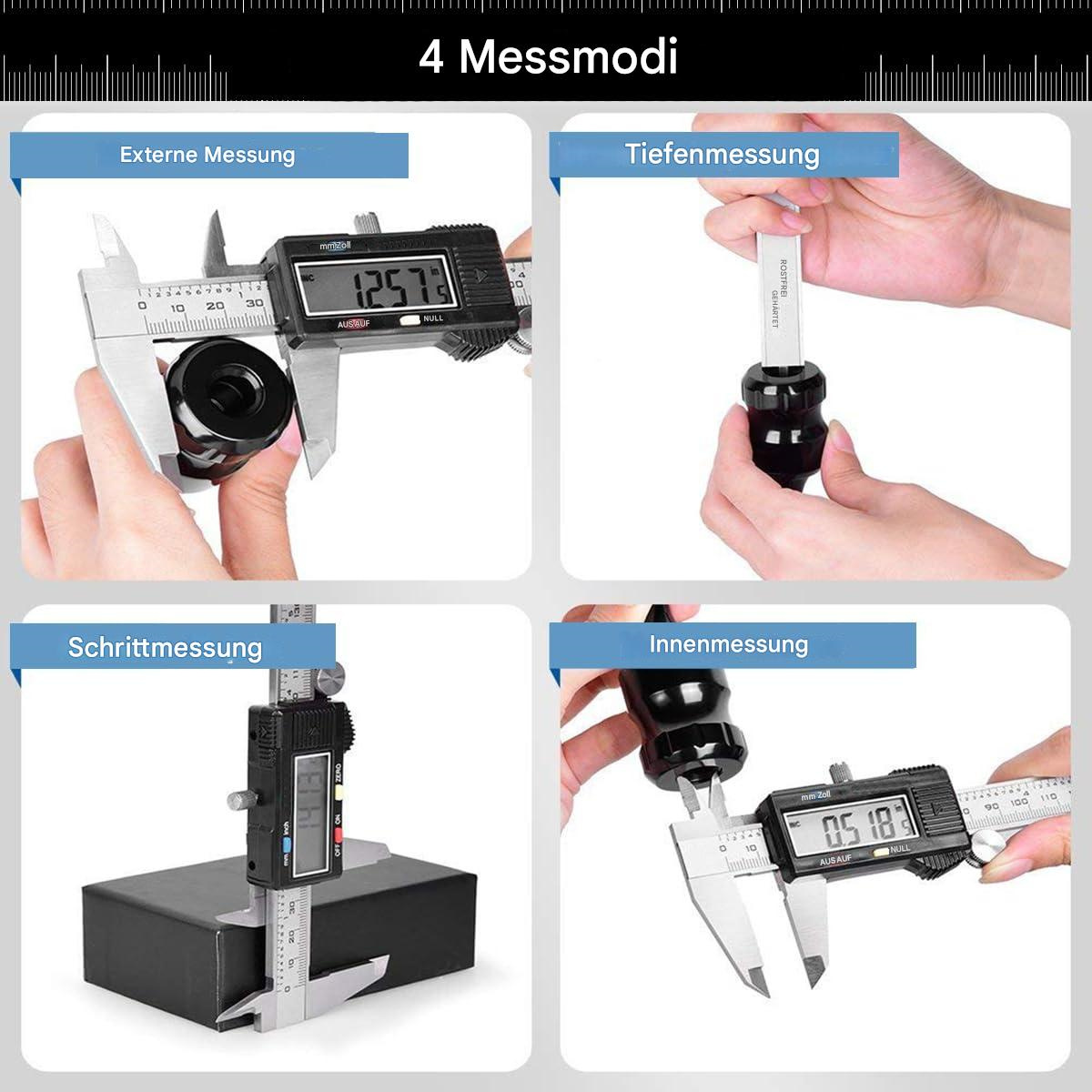 Vier Bilder, die einen Messschieber beim Messen von Objekten zeigen, mit deutschem Text '4 Messmodi'.