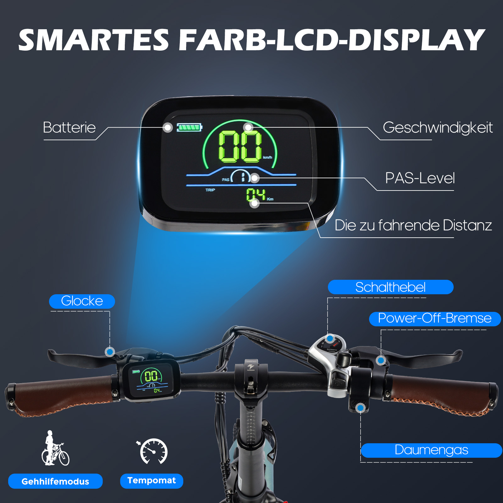 Nahaufnahme eines E-Bike-Lenkers mit digitaler Anzeige, die verschiedene Metriken anzeigt.