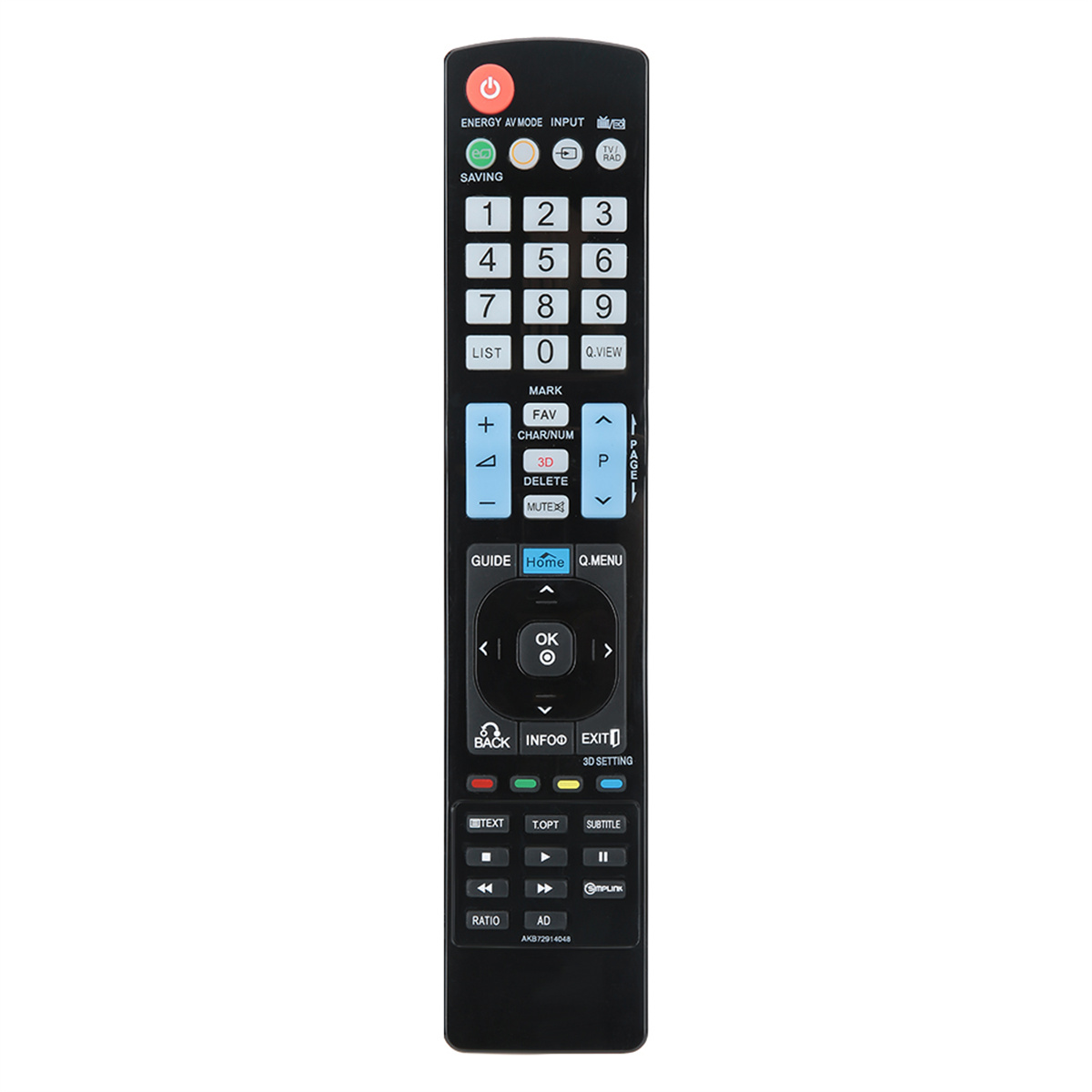 Schwarze LG TV-Fernbedienung mit verschiedenen Tasten. Einschließlich Ein/Aus, Zahlen, Lautstärke, Menü und Navigation.