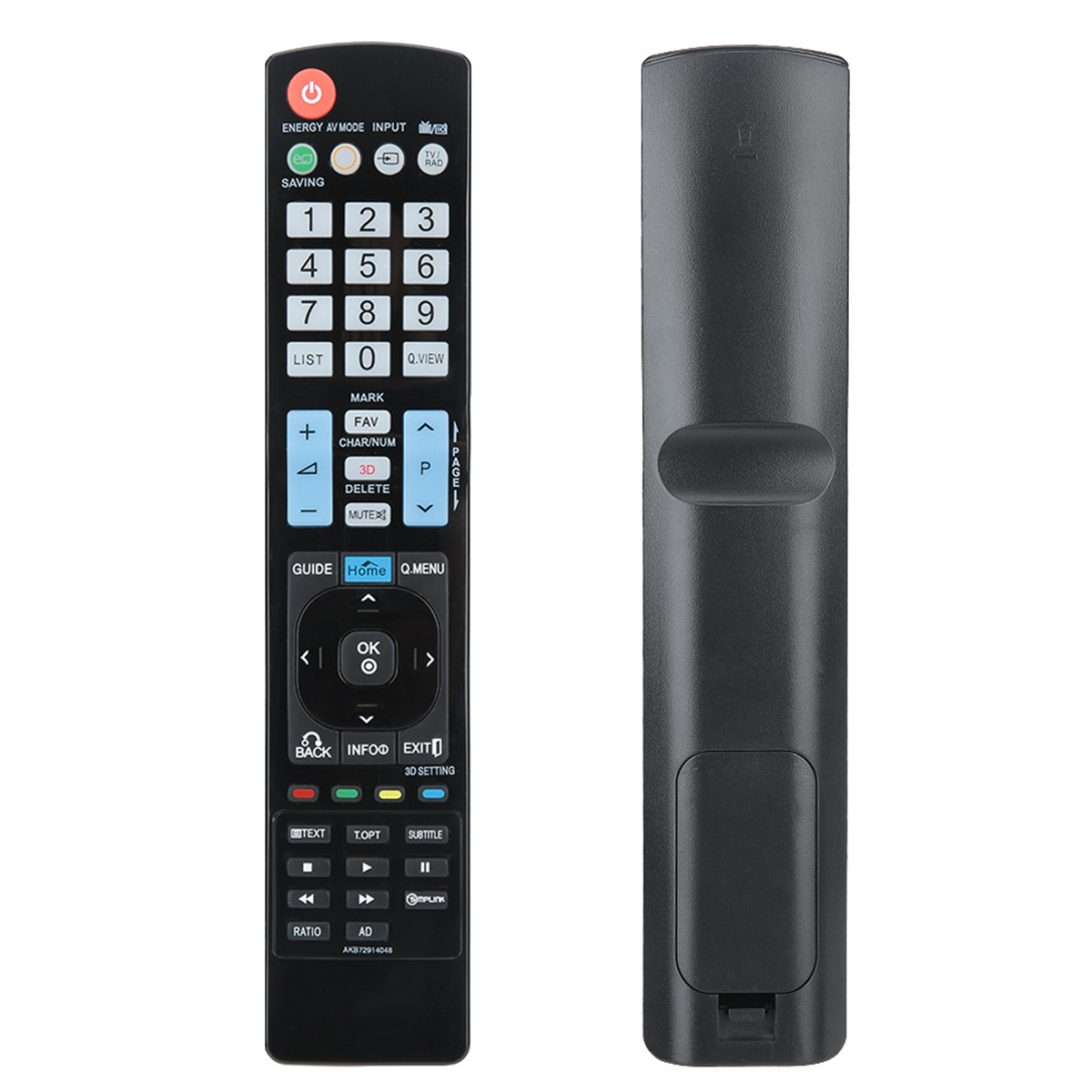Vorder- und Rückseite einer TV-Fernbedienung, mit sichtbaren Tasten und Funktionen.
