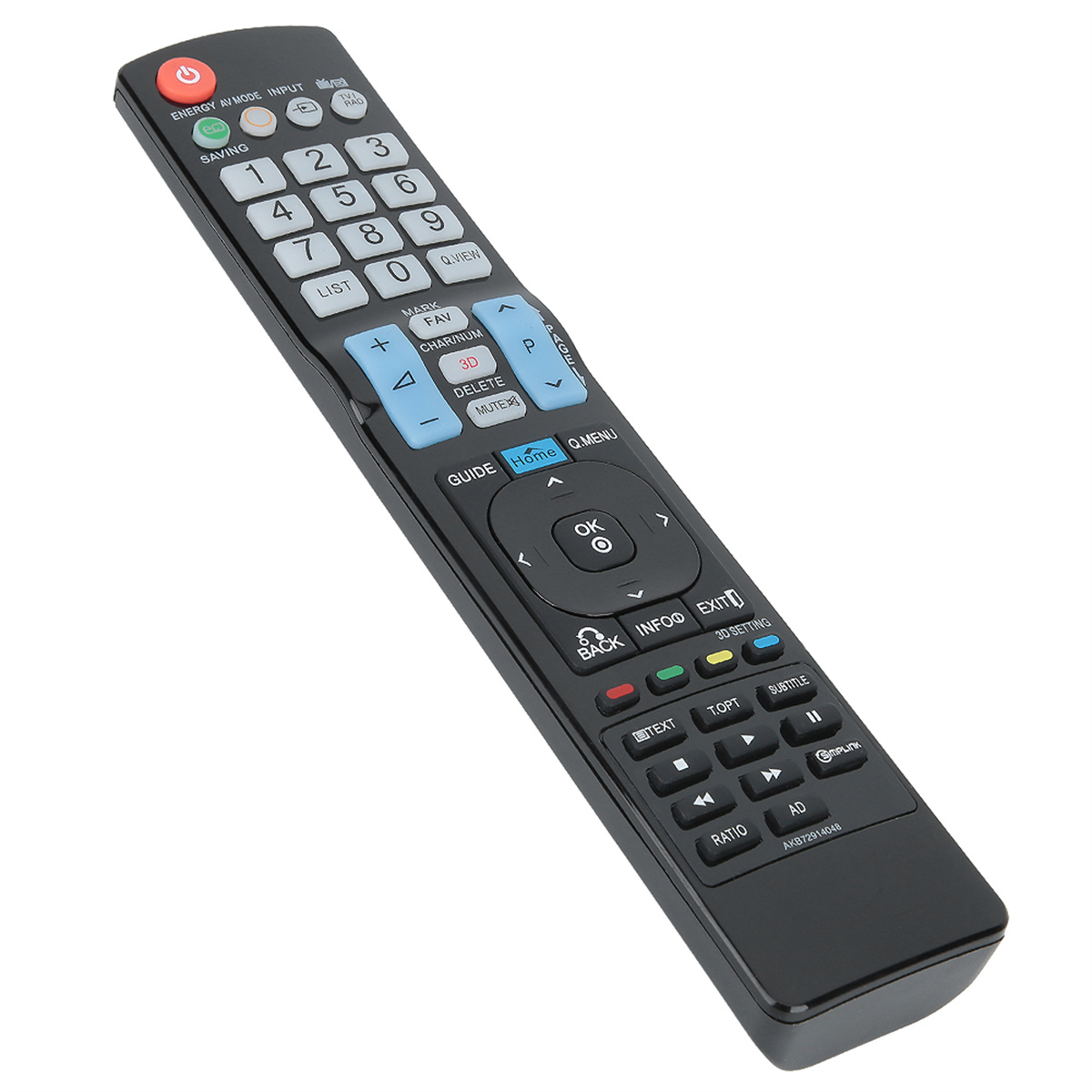 Schwarze TV-Fernbedienung mit vielen Tasten. Die Fernbedienung ist abgewinkelt, mit Beschriftungen und Zahlen.