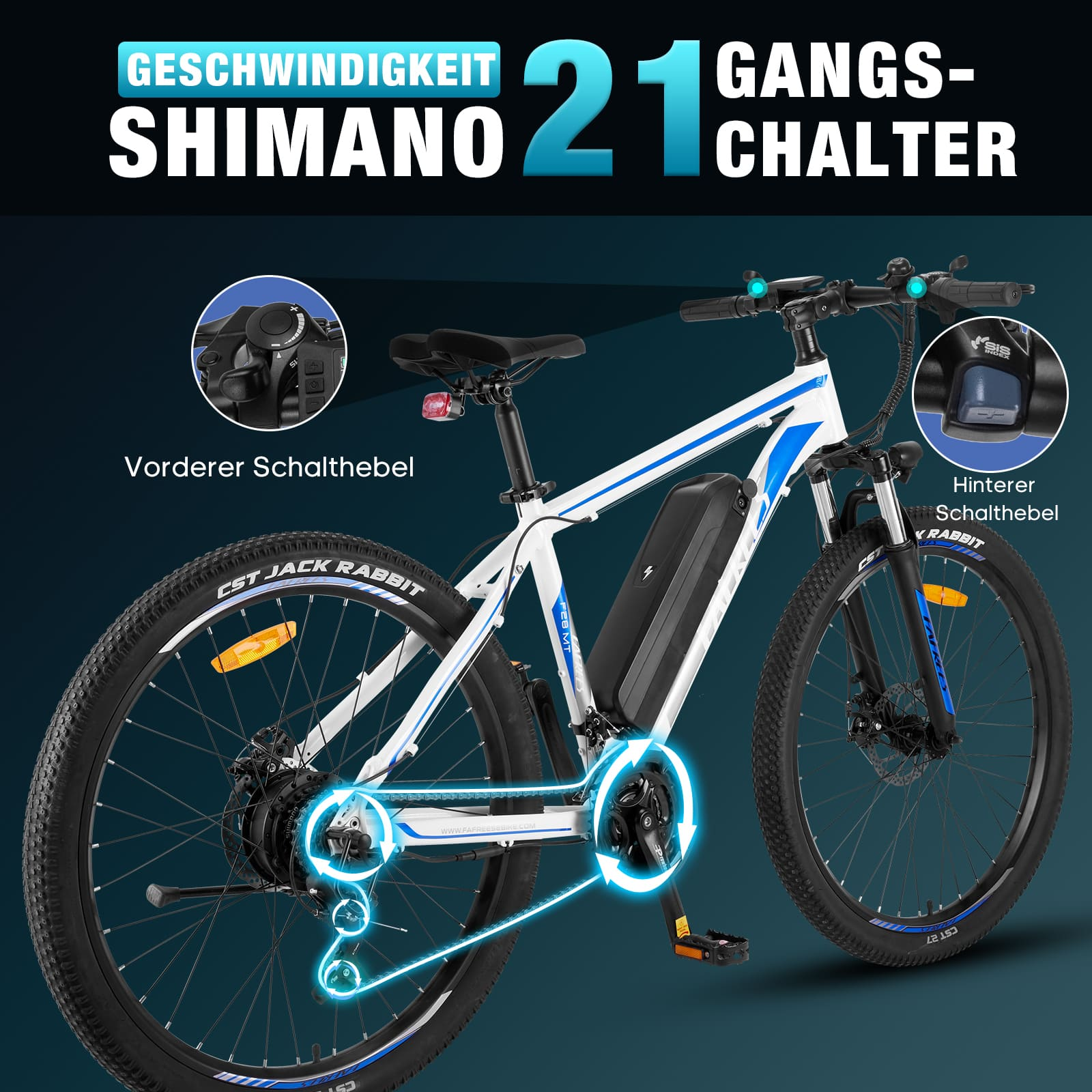 Weißes und blaues Elektrofahrrad mit hervorgehobenen Gängen und Schaltern, informative Grafiken.
