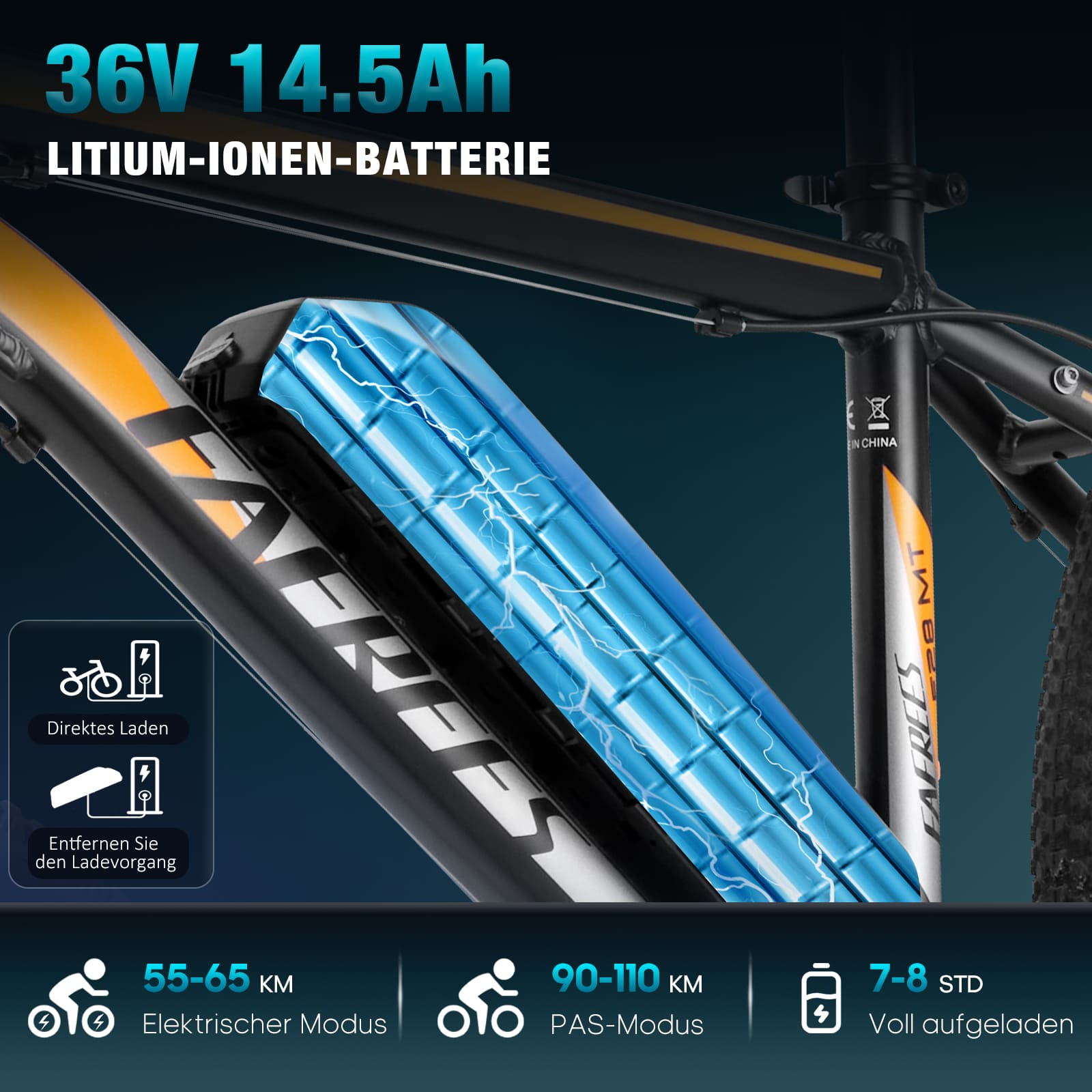 Schwarz-gelbes Elektrofahrrad mit Akku, Text sagt 36V 14.5Ah und Symbole zeigen Reichweite und Ladezeit.