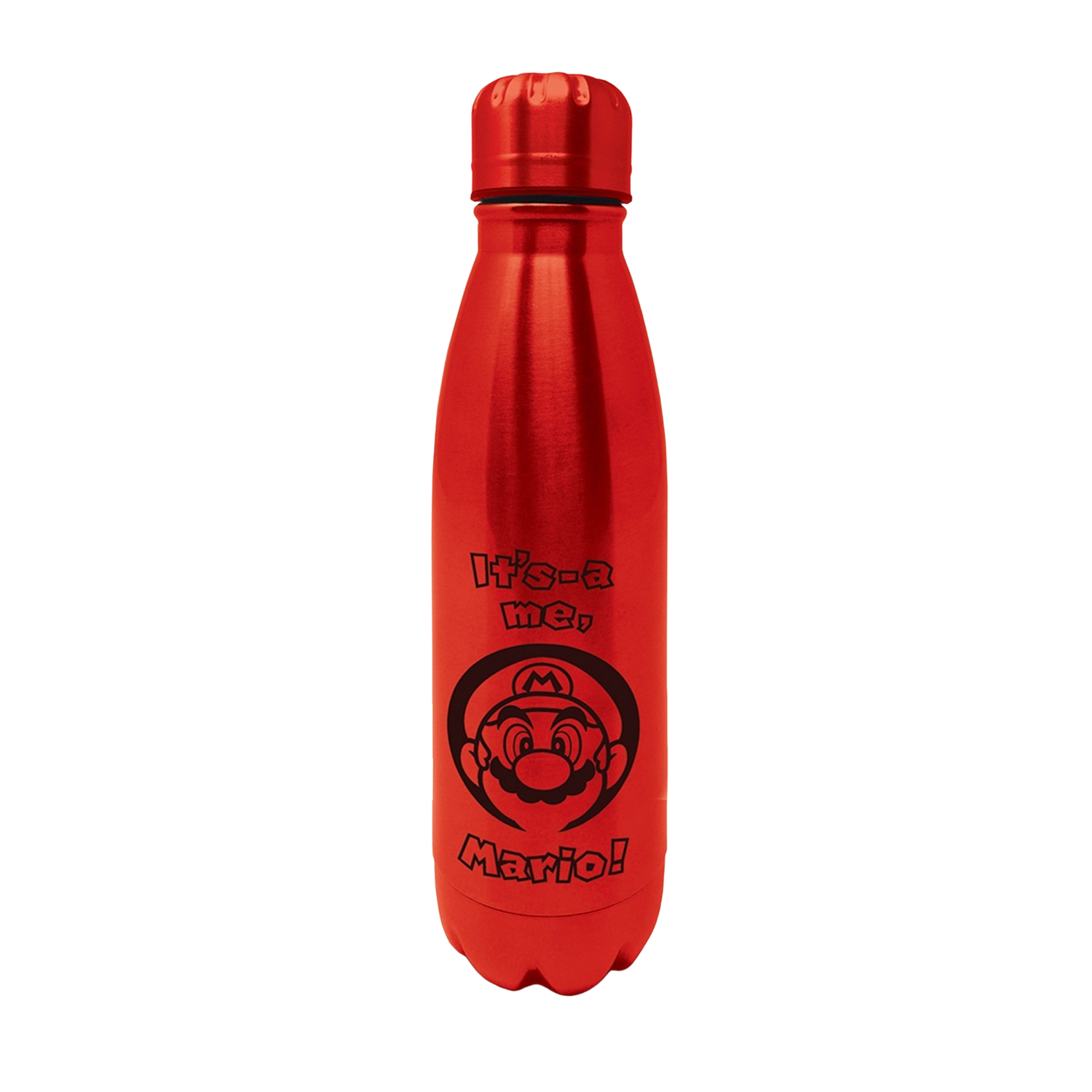 Red Mario water bottle. Mario face on front. Text: It's-a me, Mario! Black background.