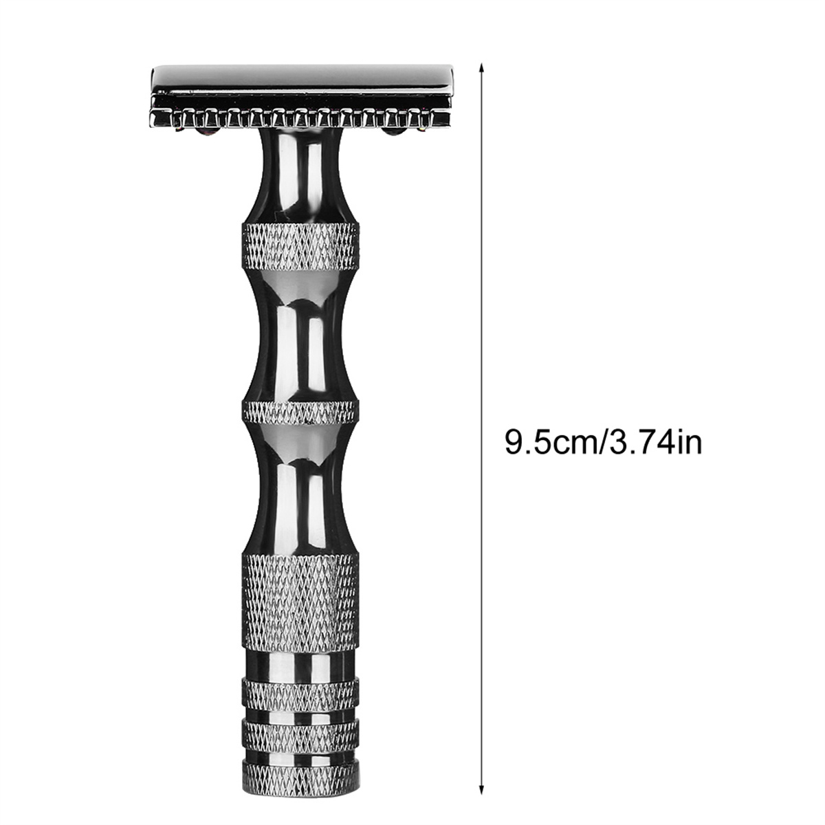 Chrom-Sicherheitsrasierer, mit Größenangabe 9,5 cm/3,74 Zoll.