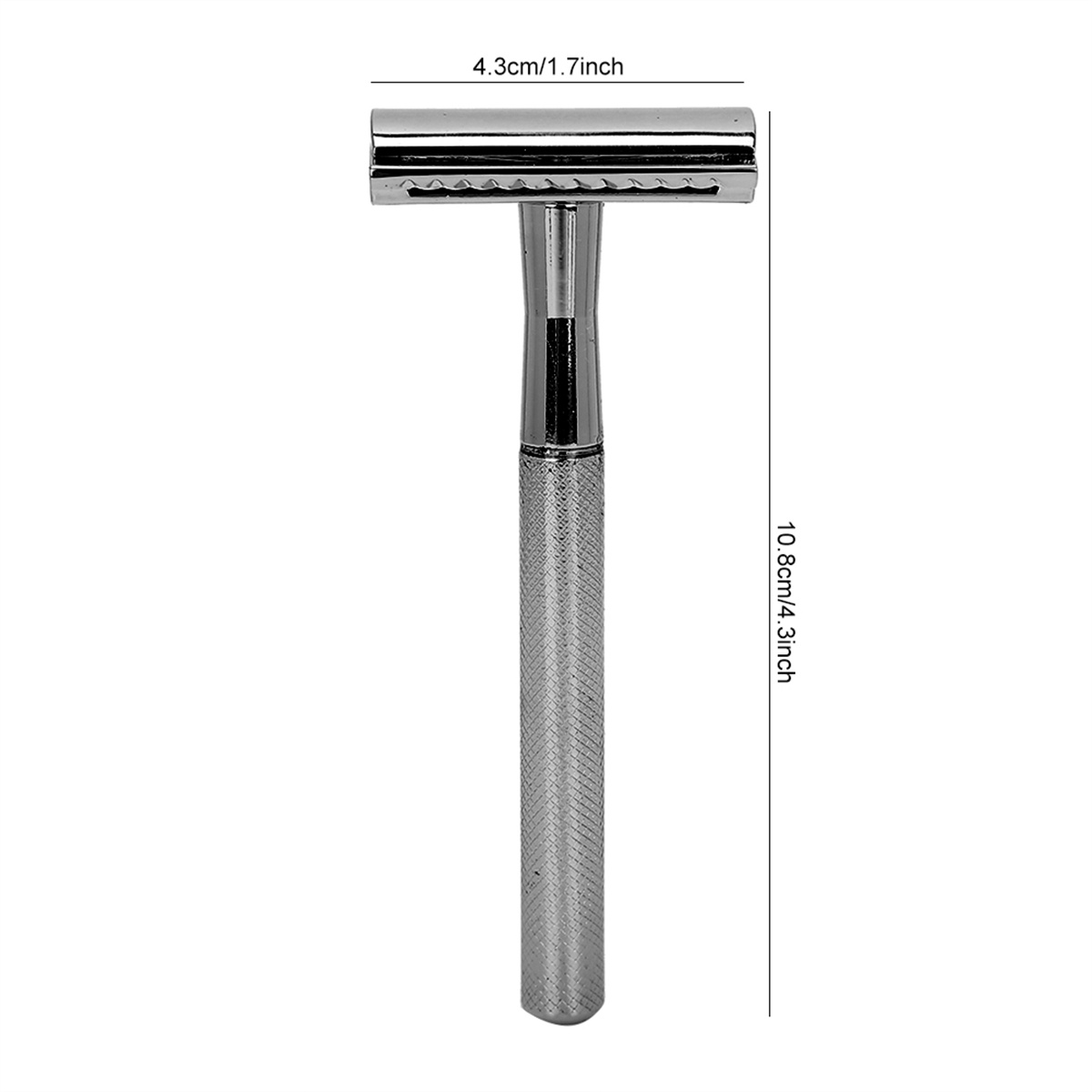 Ein silberner Rasierer mit strukturiertem Griff. Abmessungen sind 4,3 cm x 1,7 Zoll und 10,8 cm x 4,3 Zoll.