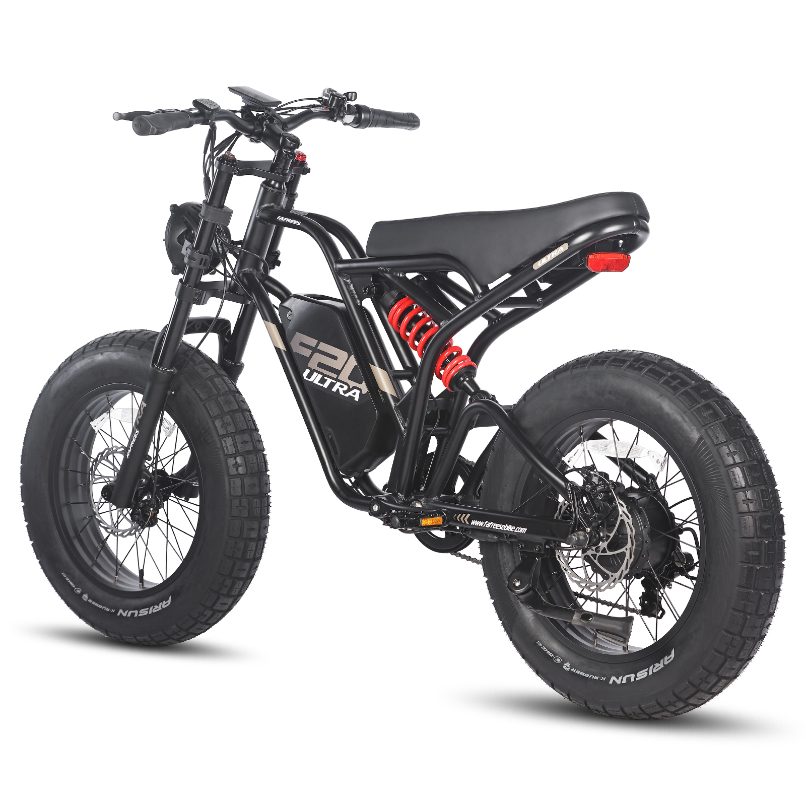 Bicicleta eléctrica negra con neumáticos grandes, suspensión roja y el nombre "E2H Ultra". Aislado sobre blanco.
