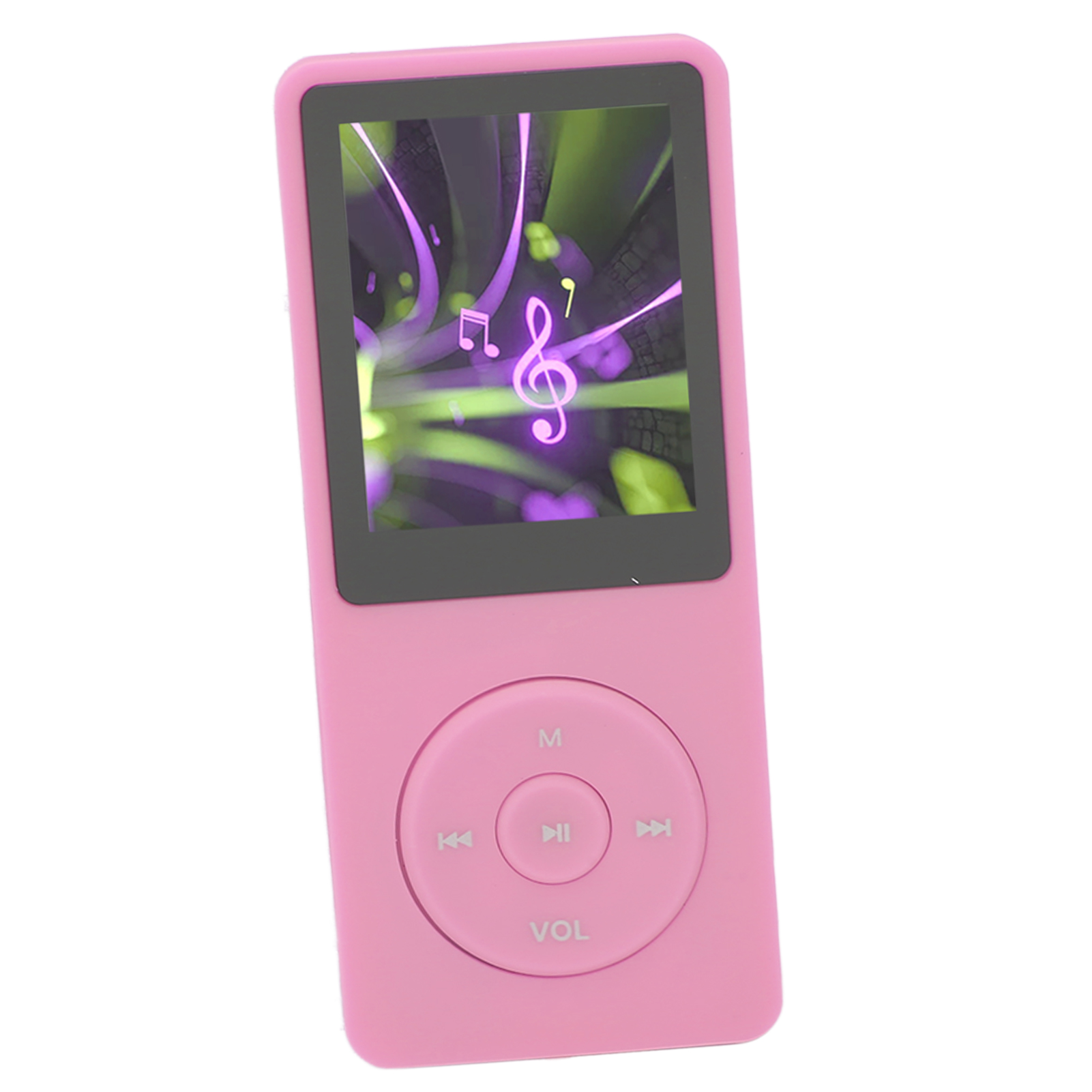 Pinkfarbener MP3-Player mit Bildschirm, der Noten anzeigt. Der Player hat Musiktasten.