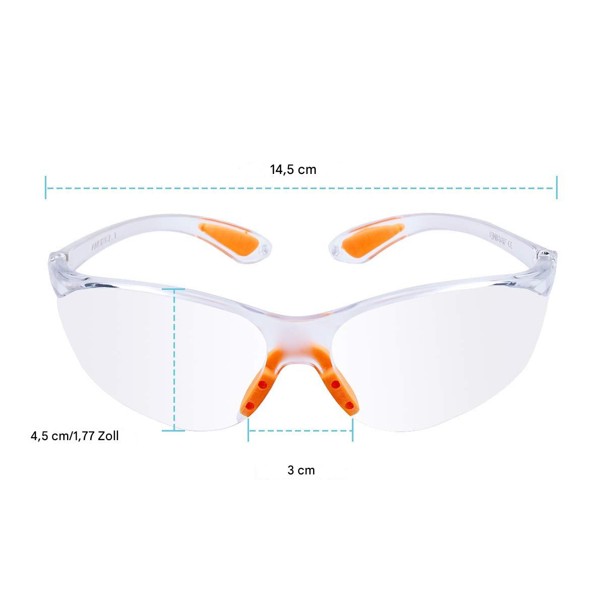 Klare Schutzbrille mit orangefarbenem Nasenstück, Maße angezeigt.