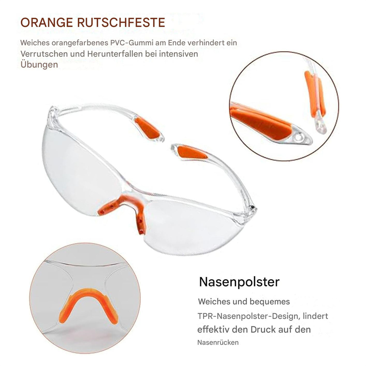 Klare Schutzbrille mit orangefarbenen Akzenten. Textbeschriftungen und Nahaufnahmen.