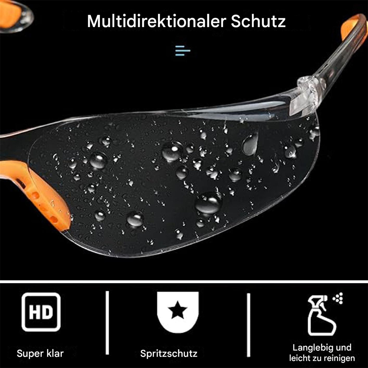 Klare Schutzbrille mit orangefarbenen Akzenten, mit HD-, Spritzschutz- und Reinigungsikonen.