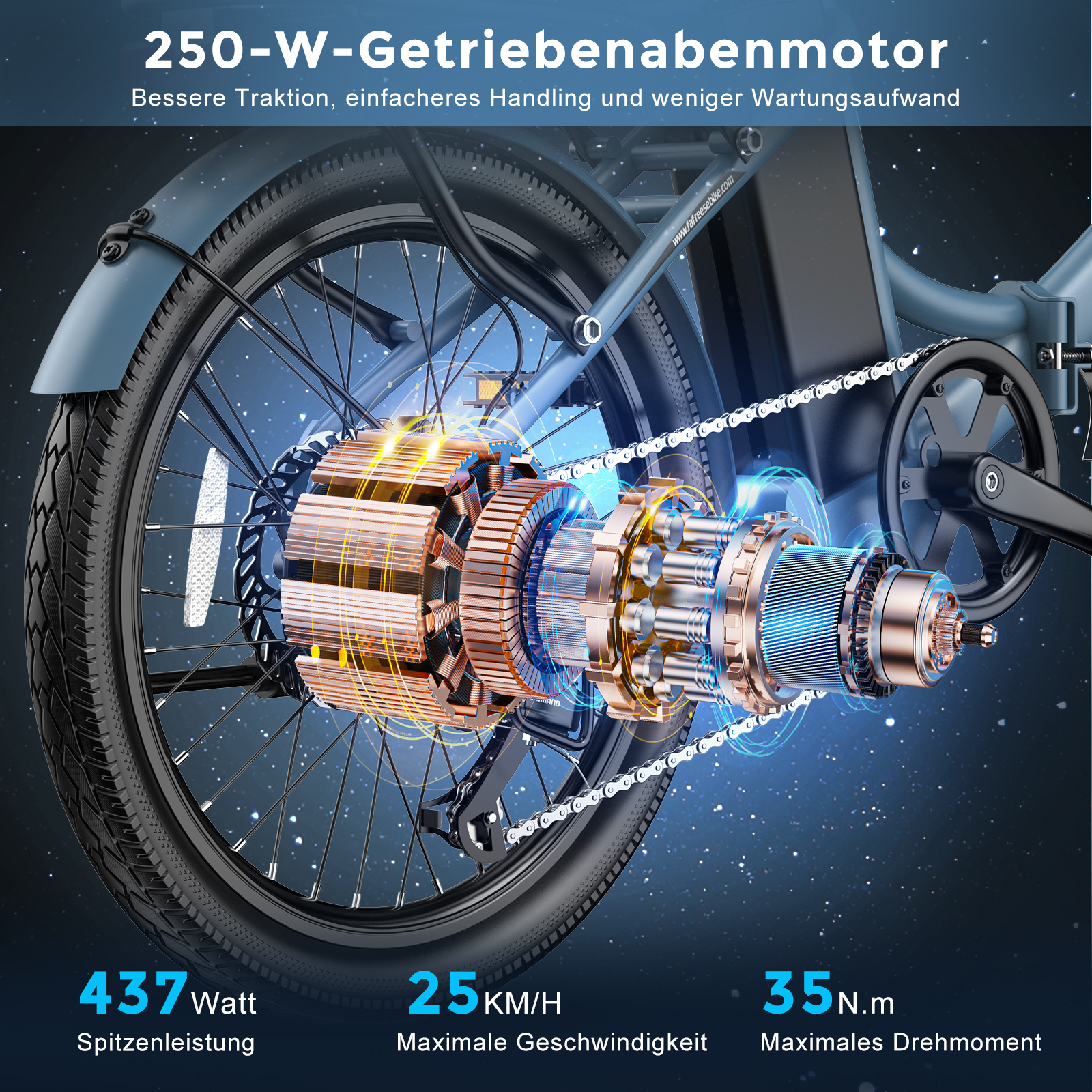 Detaillierte Ansicht eines E-Bikes: 437W Spitzenleistung, 25 km/h max. Geschwindigkeit, 35 Nm max. Drehmoment.