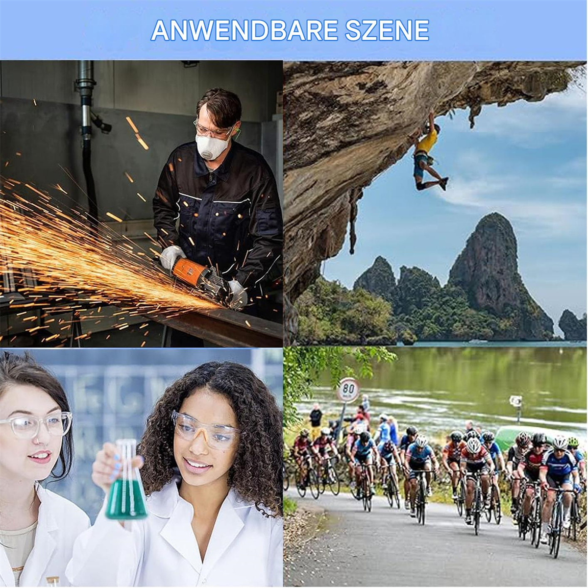 Vier Bilder: Schweißer, Kletterer, Wissenschaftler und Radfahrer, die verschiedene Anwendungsszenarien darstellen.