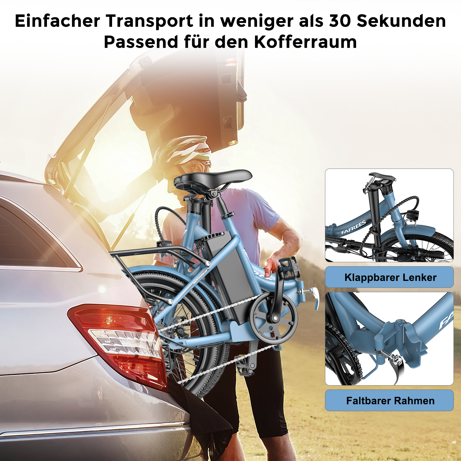 Ein Elektrofahrrad wird zusammengeklappt und in einen Kofferraum geladen, mit Diagrammen.