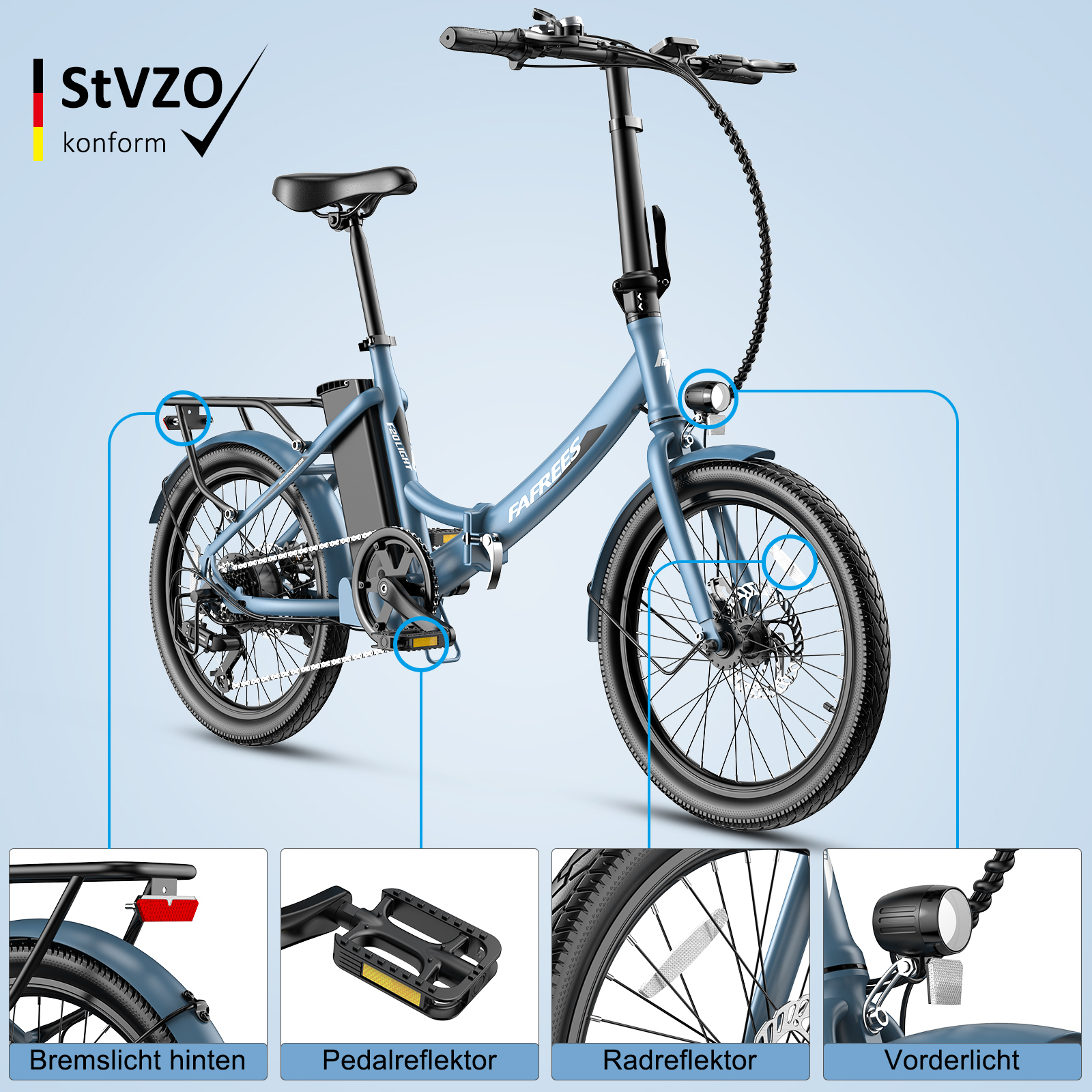 Blaues, zusammenklappbares Elektrofahrrad mit hervorgehobenen Komponenten mit Etiketten.