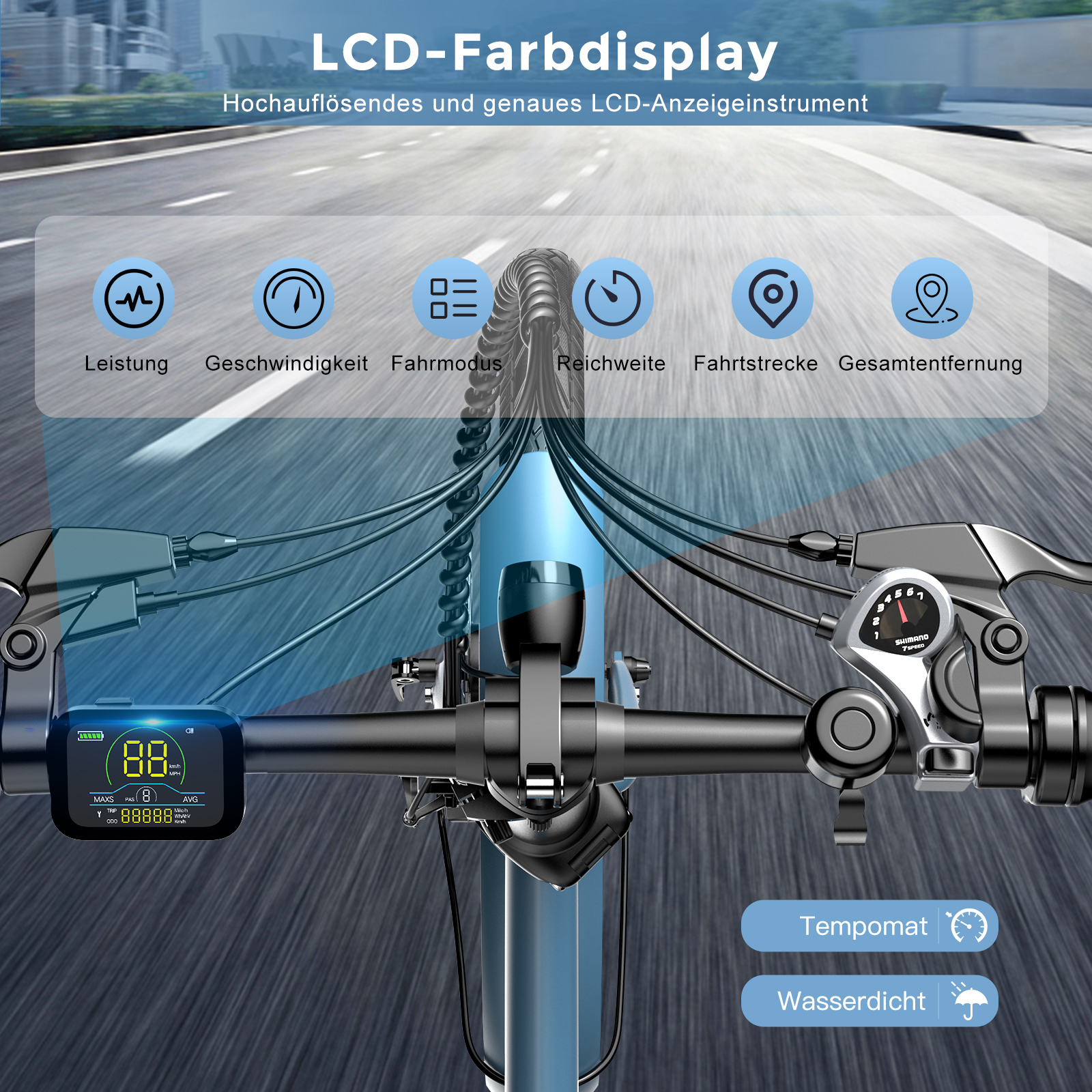 Das Bedienfeld des Fahrrads mit LCD-Anzeige. Zeigt Geschwindigkeit, Batterie und andere Leistungskennzahlen an.