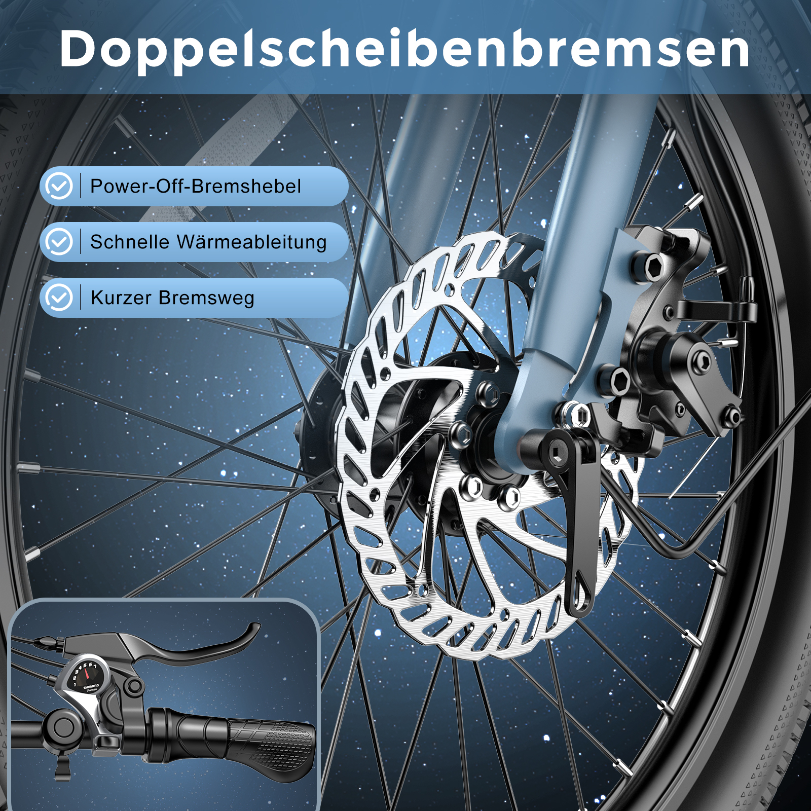 Nahaufnahme eines Fahrrad-Scheibenbremssystem mit Hebel und Speichen im Fokus.