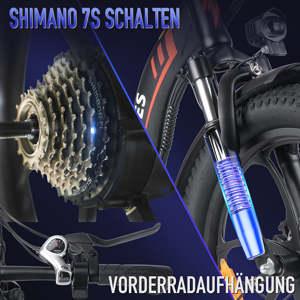 Nahaufnahme von Details eines Mountainbikes, einschließlich Gängen und Vorderradaufhängung mit blauem Licht.