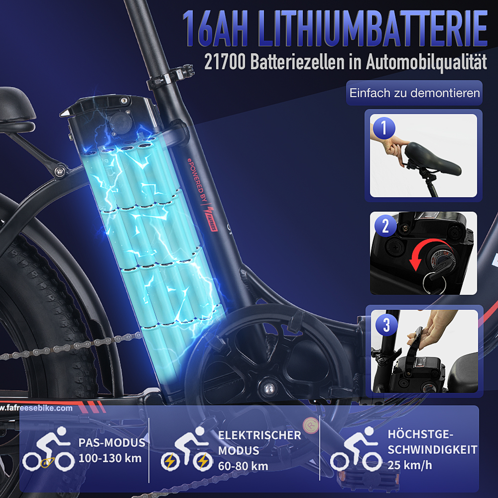 Rower elektryczny ze szczegółami baterii. Tekst: Bateria litowa 16AH, ogniwa 21700.