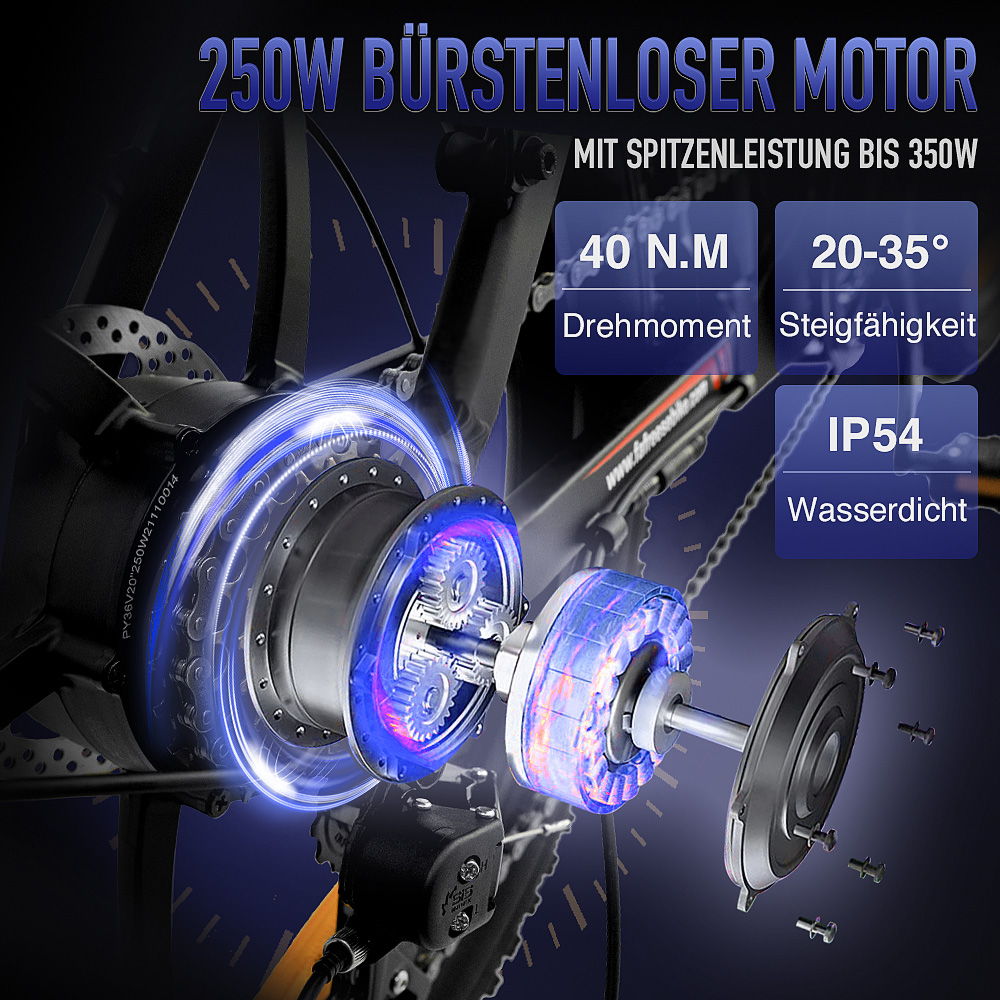 Zdemontowany silnik roweru elektrycznego. Tekst zawiera '250W Bürstenloser Motor' i specyfikacje silnika.