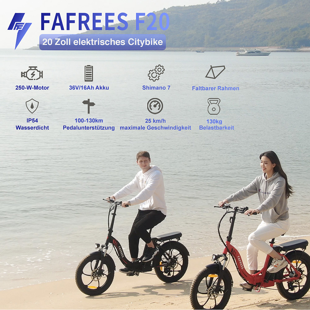 Zwei Personen auf Elektrofahrrädern am Strand mit Text über die Fahrradspezifikationen.